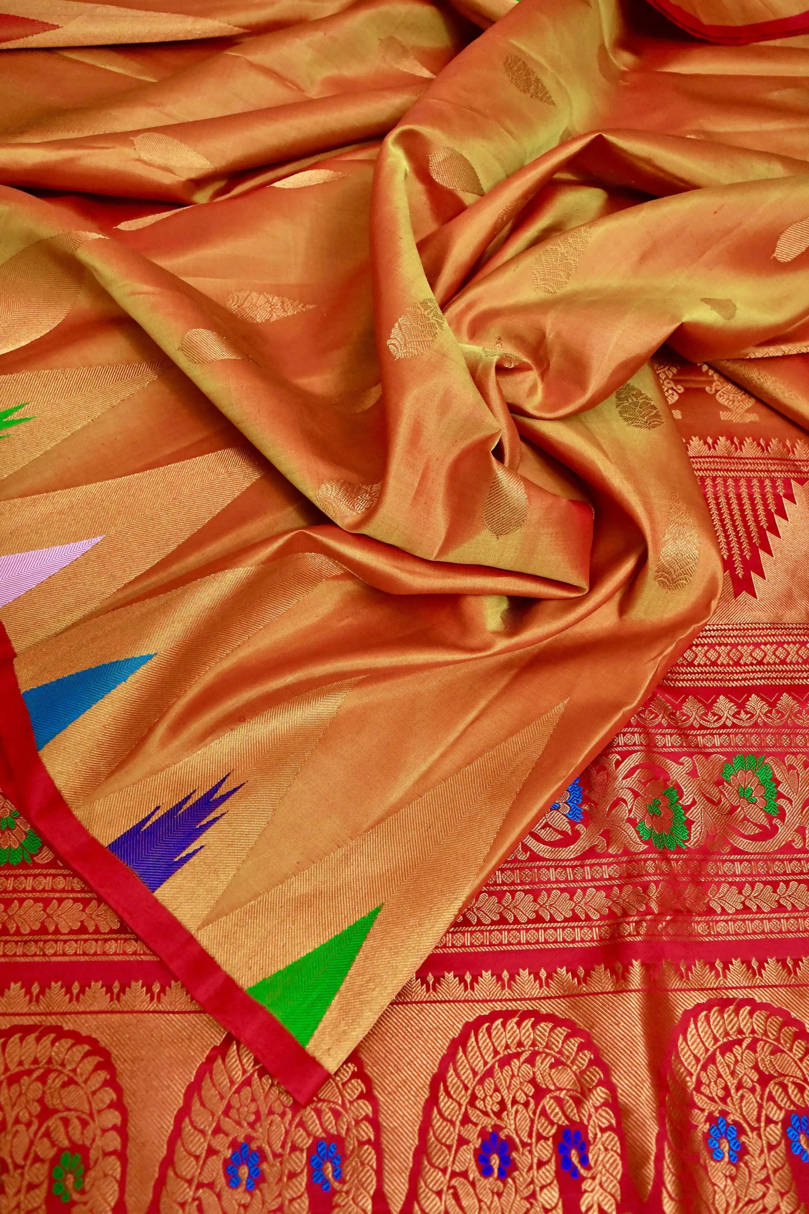 Fire Orange Color Gadwal Silk Saree with Meenakari Pallu and Temple Border