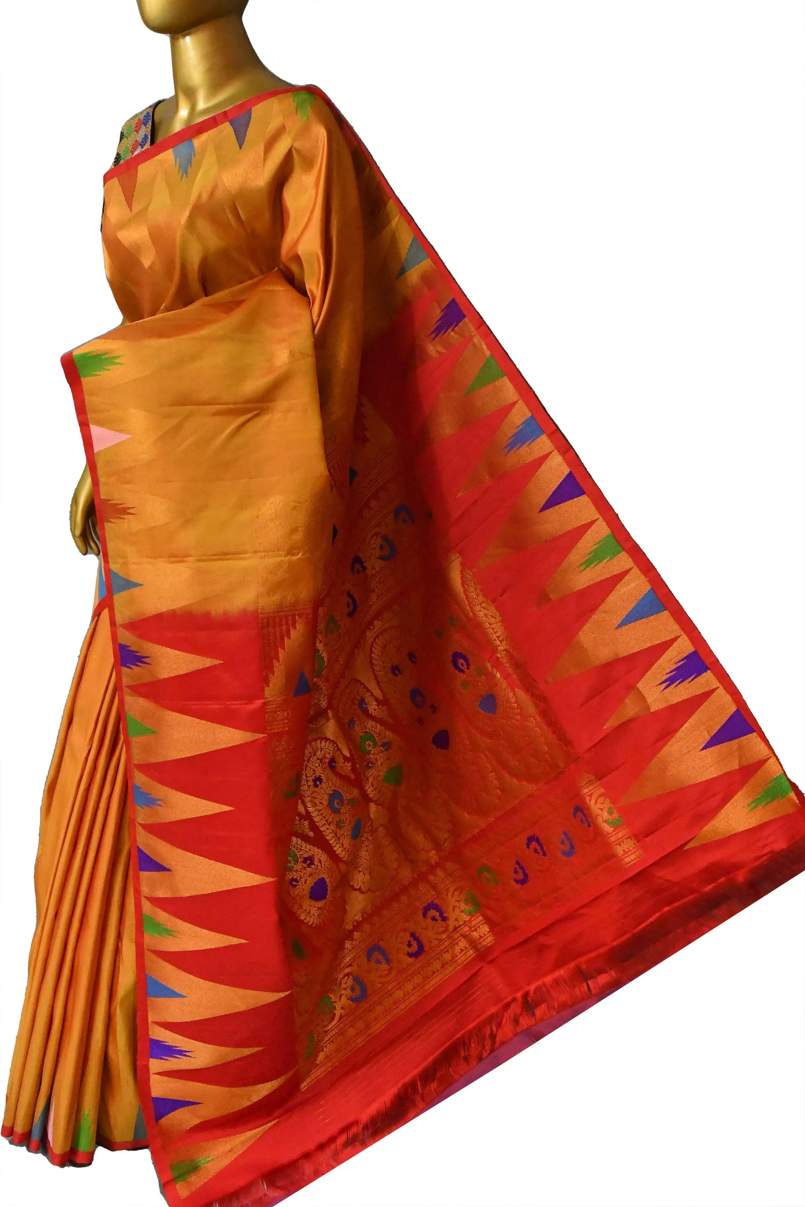 Fire Orange Color Gadwal Silk Saree with Meenakari Pallu and Temple Border