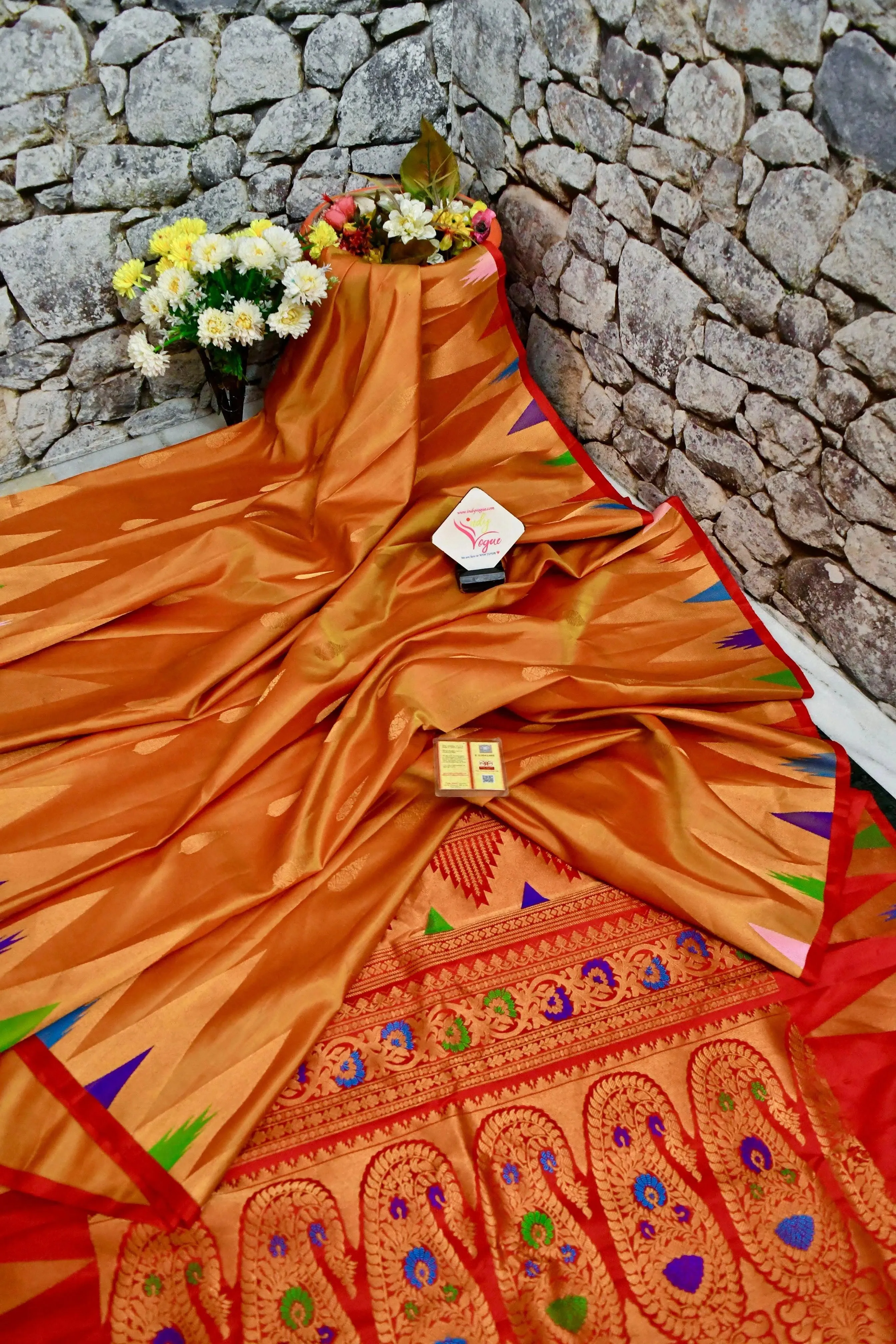 Fire Orange Color Gadwal Silk Saree with Meenakari Pallu and Temple Border