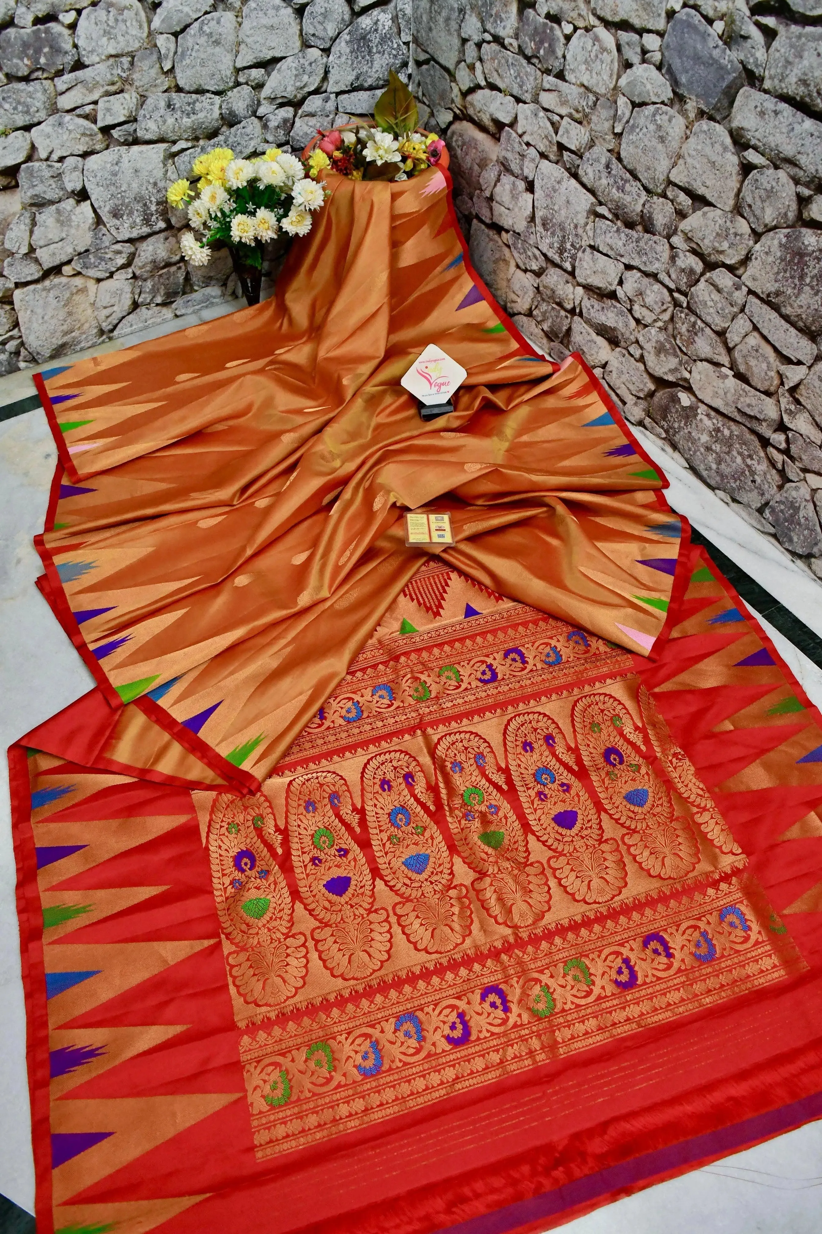 Fire Orange Color Gadwal Silk Saree with Meenakari Pallu and Temple Border