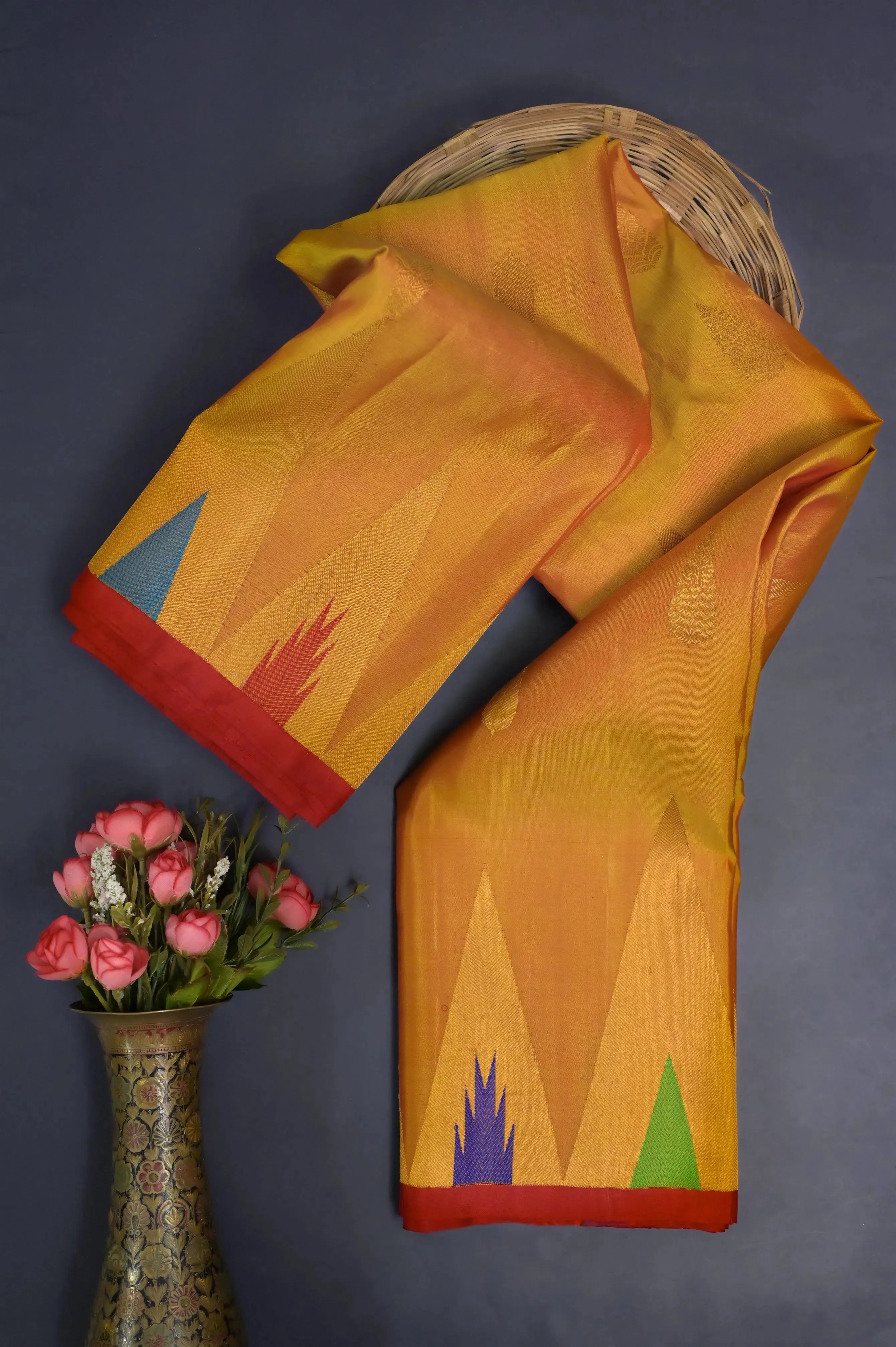 Fire Orange Color Gadwal Silk Saree with Meenakari Pallu and Temple Border