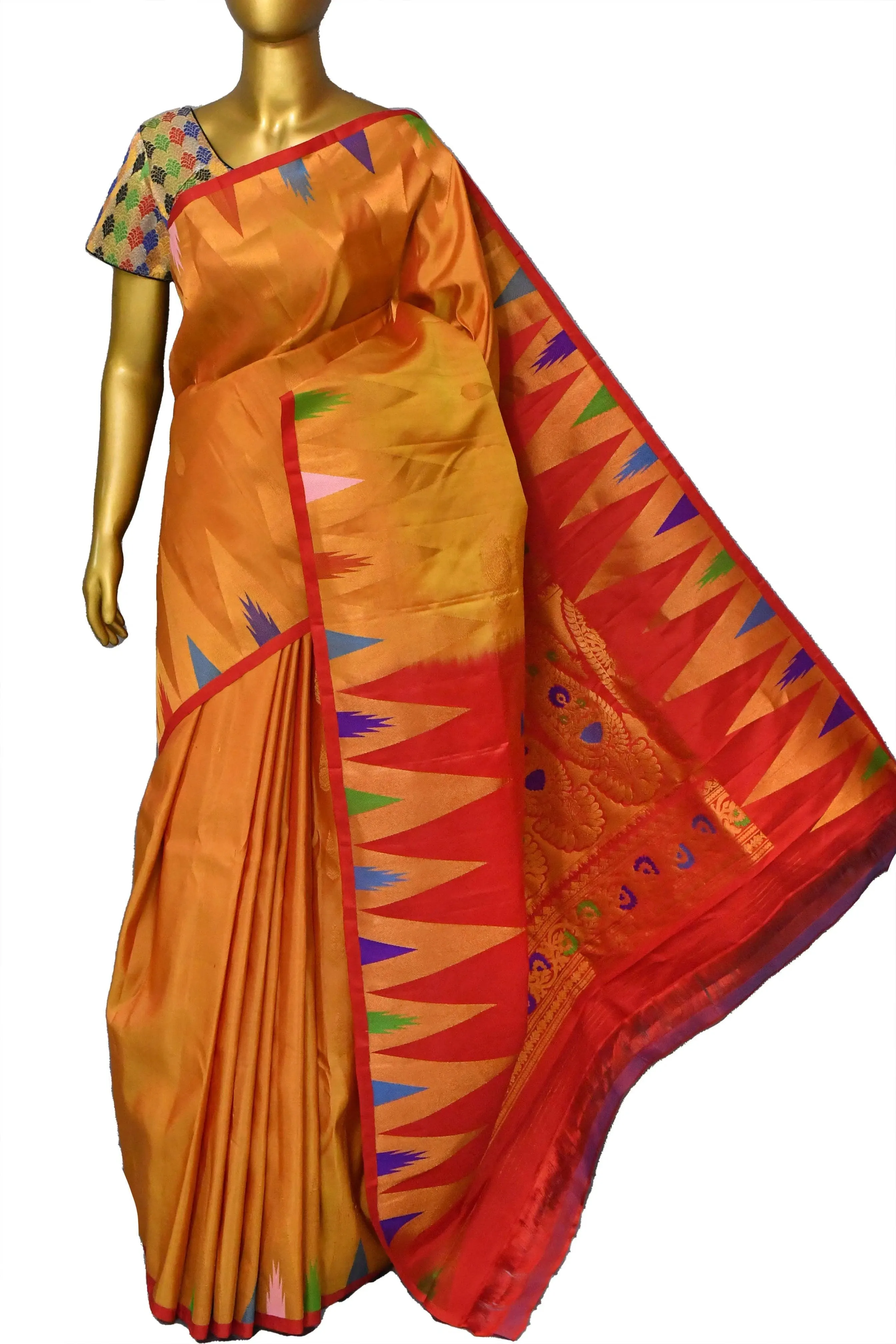 Fire Orange Color Gadwal Silk Saree with Meenakari Pallu and Temple Border