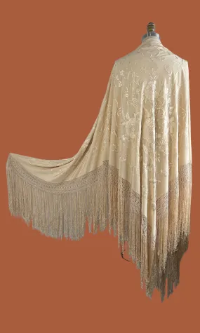 FRINGE WORTHY 30s Floral Embroidered Fringe Silk Piano Shawl