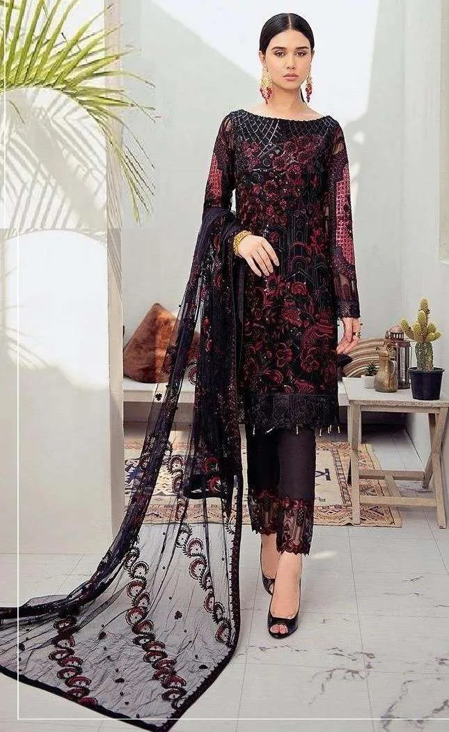 Georgette Red and Black with Heavy Embroidery Unstitched Party Wear Pakistani Suits