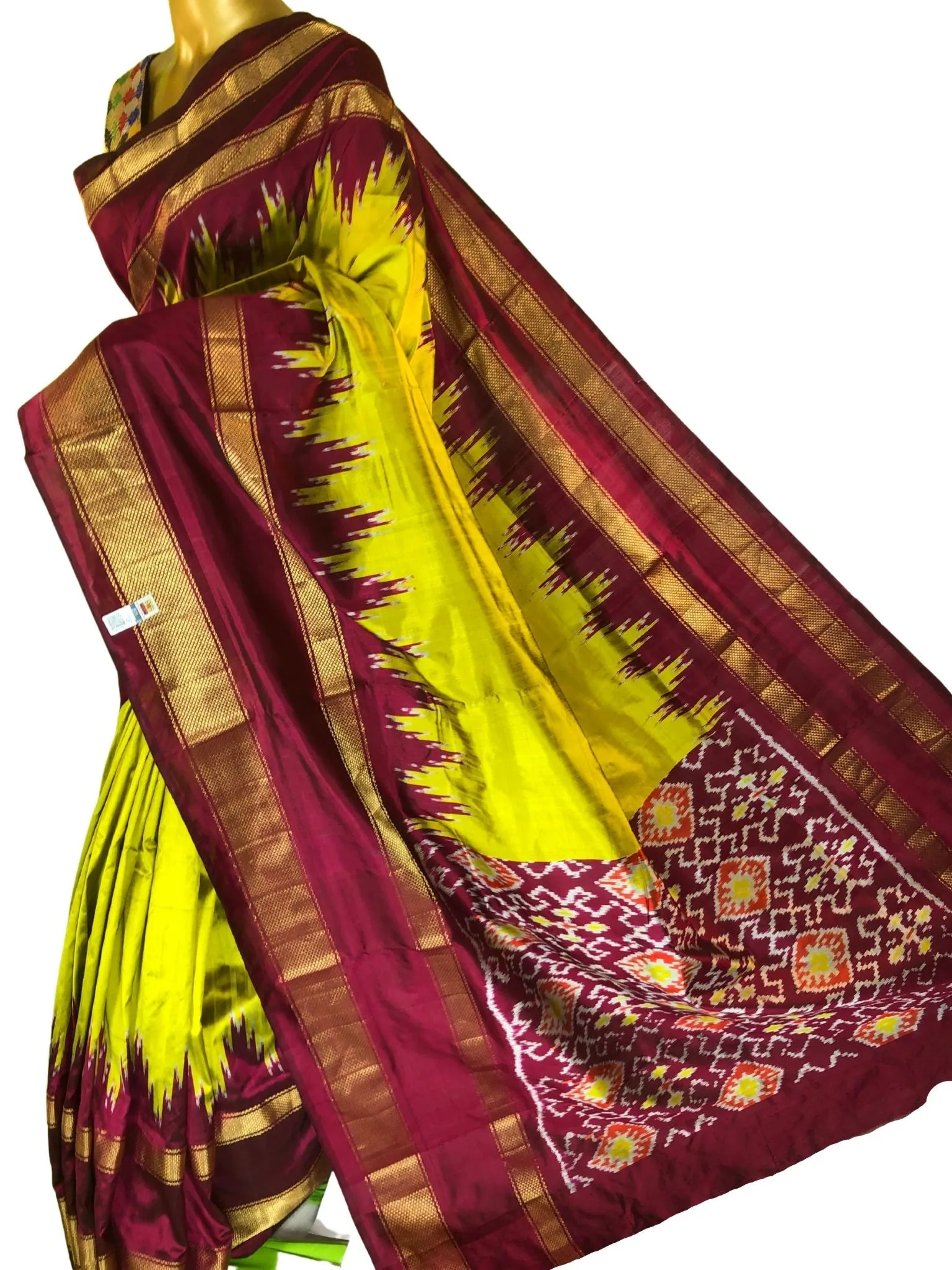 Golden Green Color Pure Ikat Silk Saree