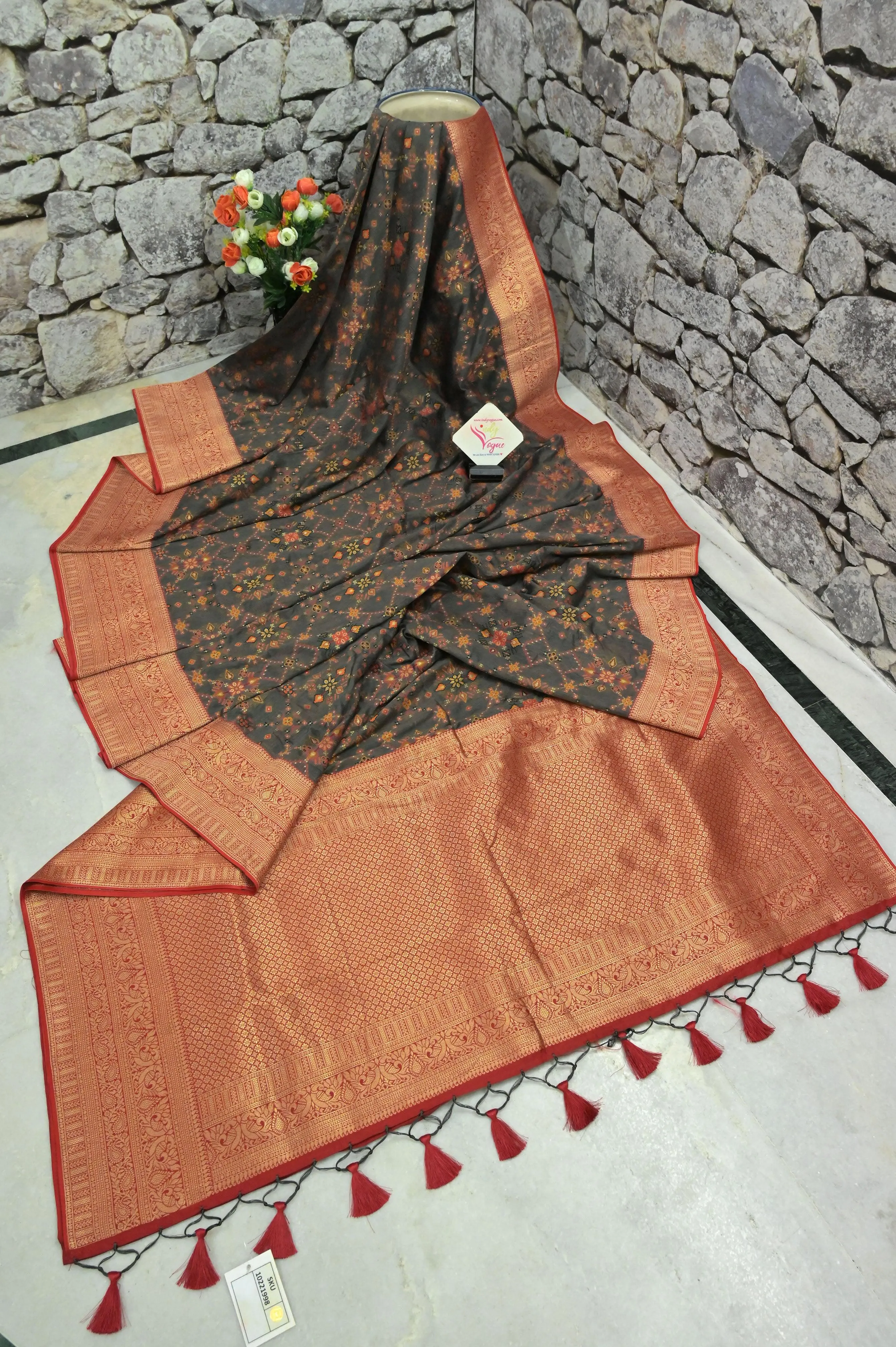 Graphite Color Kani Silk Saree with Banarasi Border