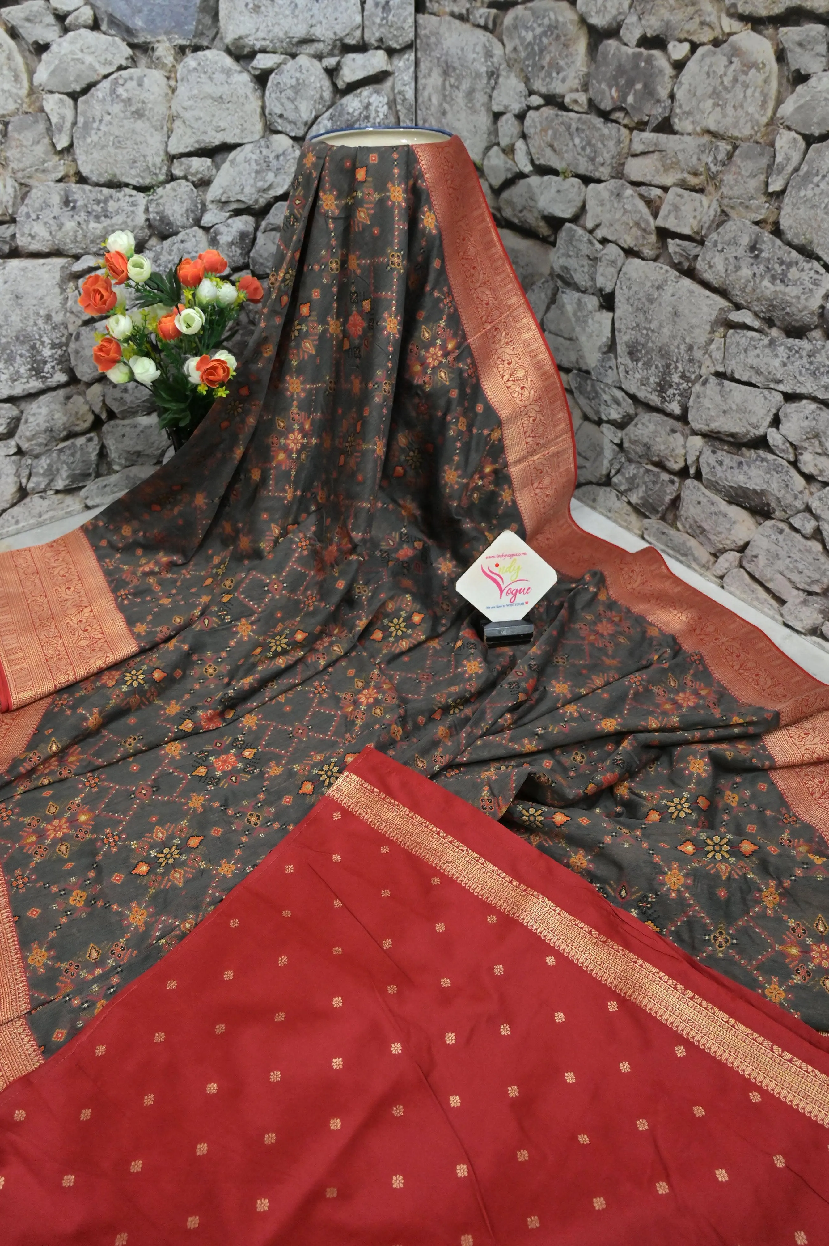 Graphite Color Kani Silk Saree with Banarasi Border