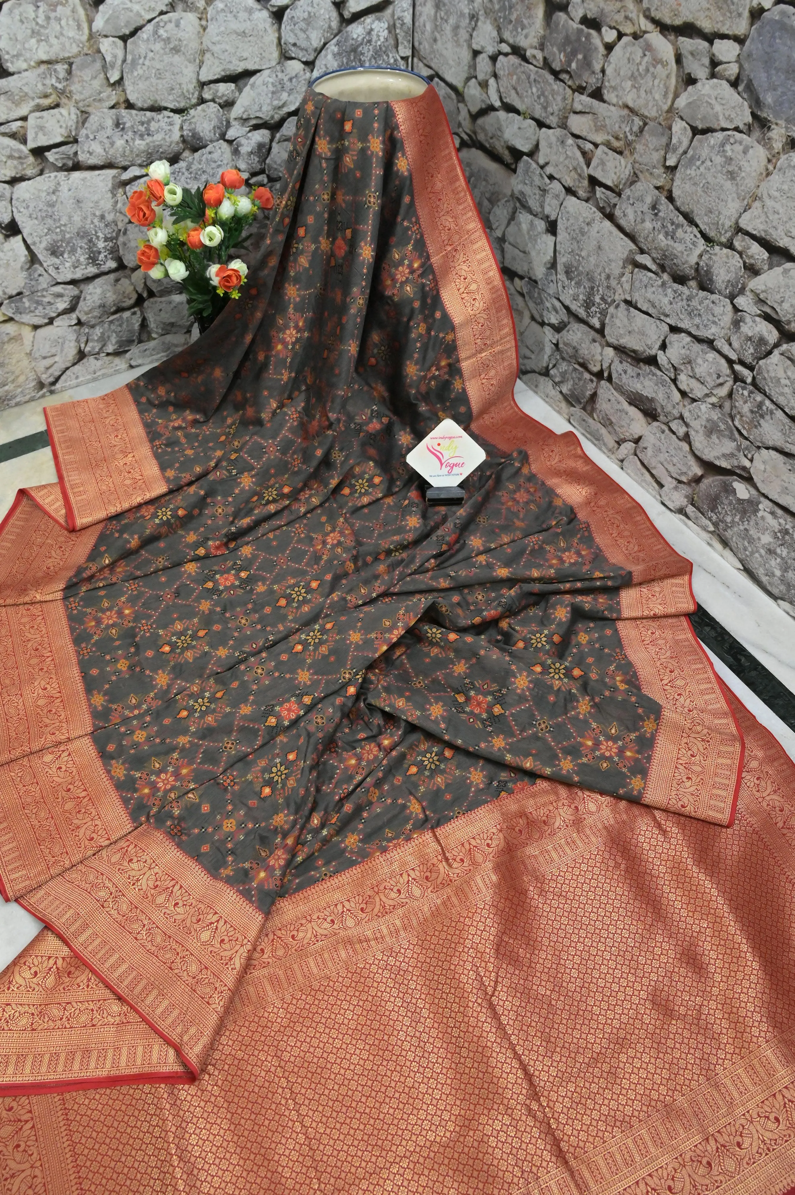 Graphite Color Kani Silk Saree with Banarasi Border