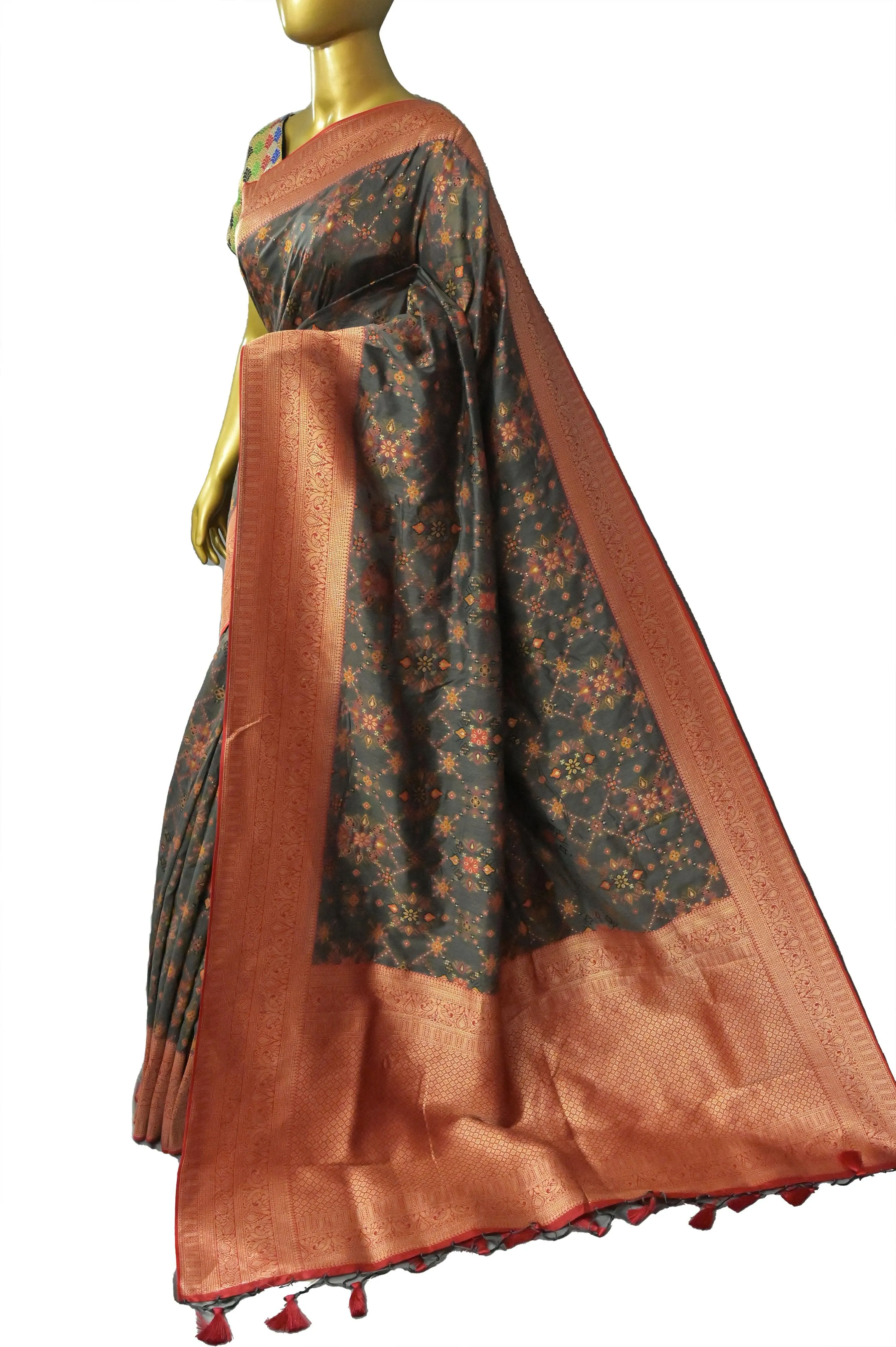 Graphite Color Kani Silk Saree with Banarasi Border