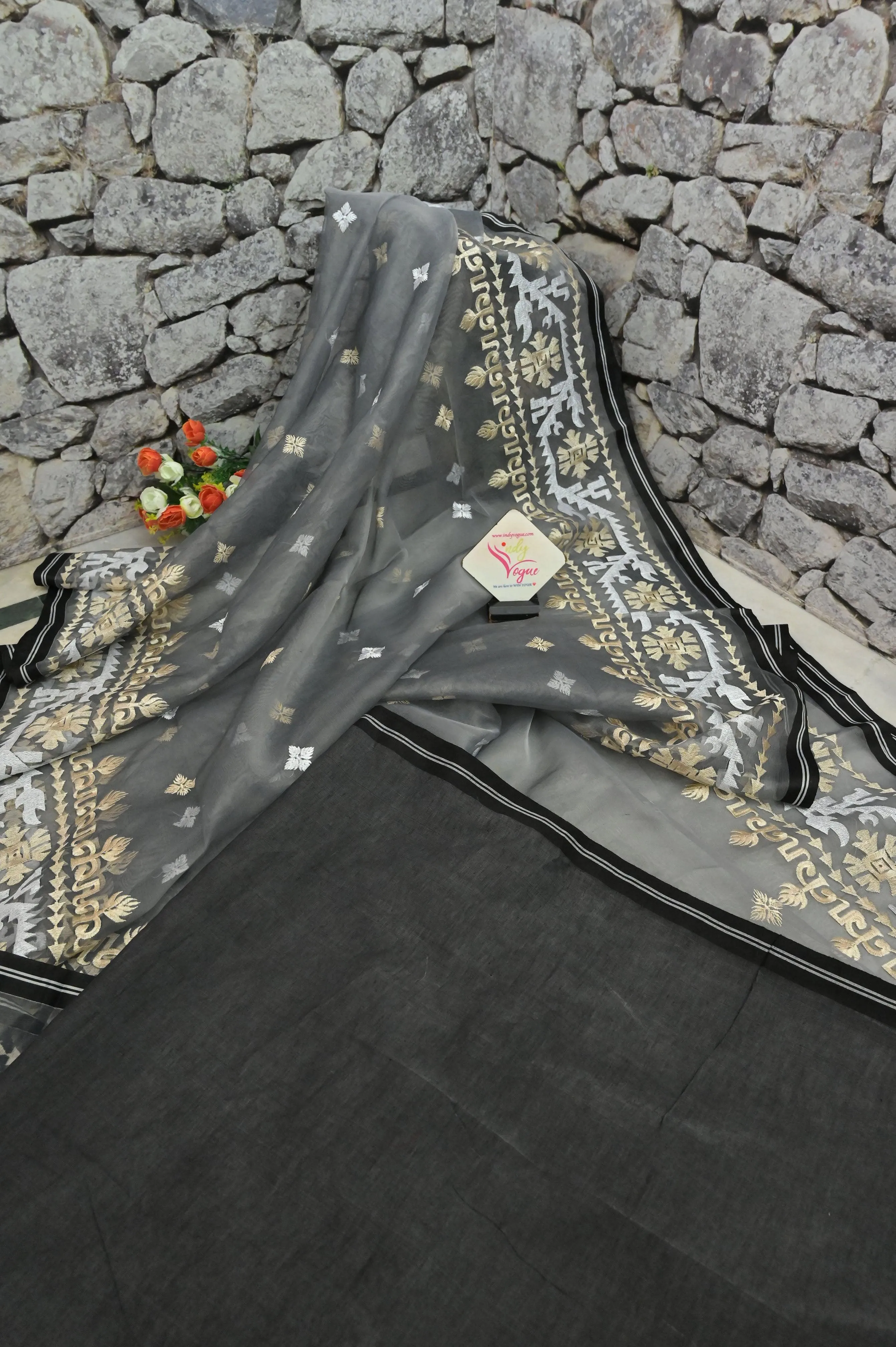 Grey Color Muslin Jamdani Saree with Embroidered Work