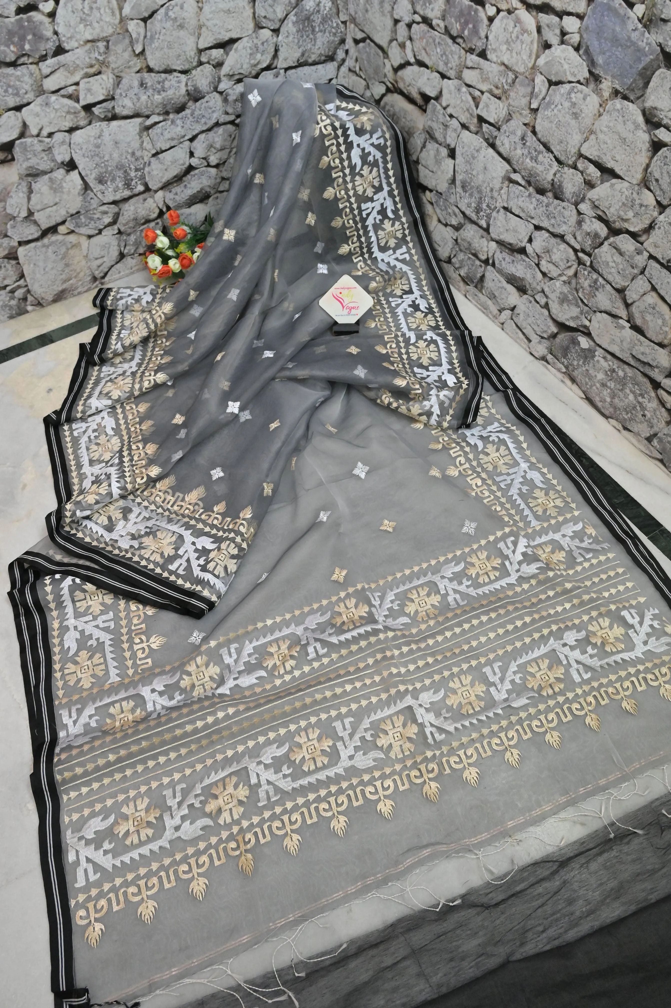 Grey Color Muslin Jamdani Saree with Embroidered Work