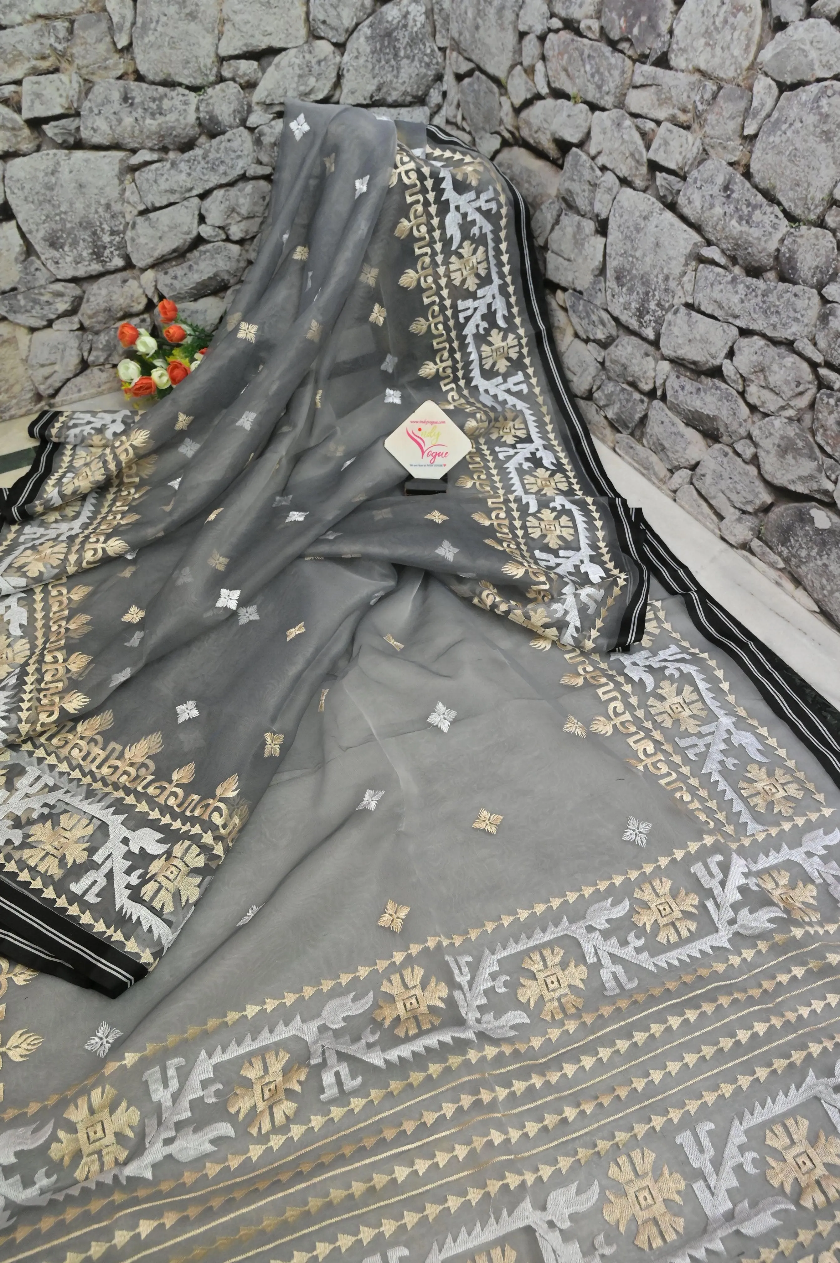 Grey Color Muslin Jamdani Saree with Embroidered Work