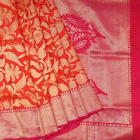 Handwoven Orange with Pink Andhra Silk Saree - 57N006757DSA