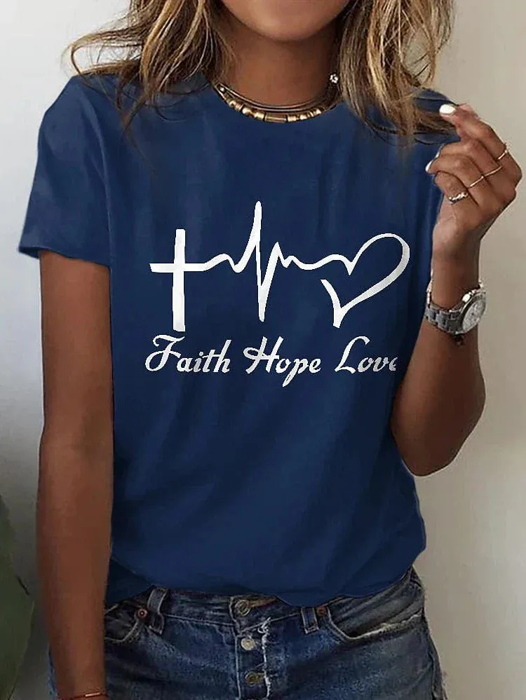 Heart Letter Print Women's Cotton Tee with Short Sleeves