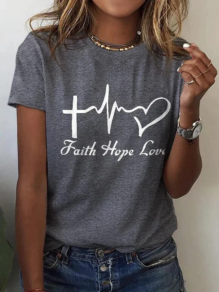 Heart Letter Print Women's Cotton Tee with Short Sleeves