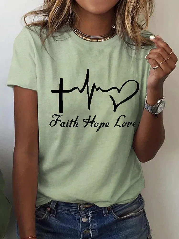 Heart Letter Print Women's Cotton Tee with Short Sleeves