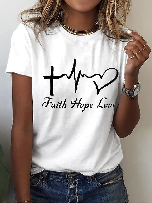 Heart Letter Print Women's Cotton Tee with Short Sleeves