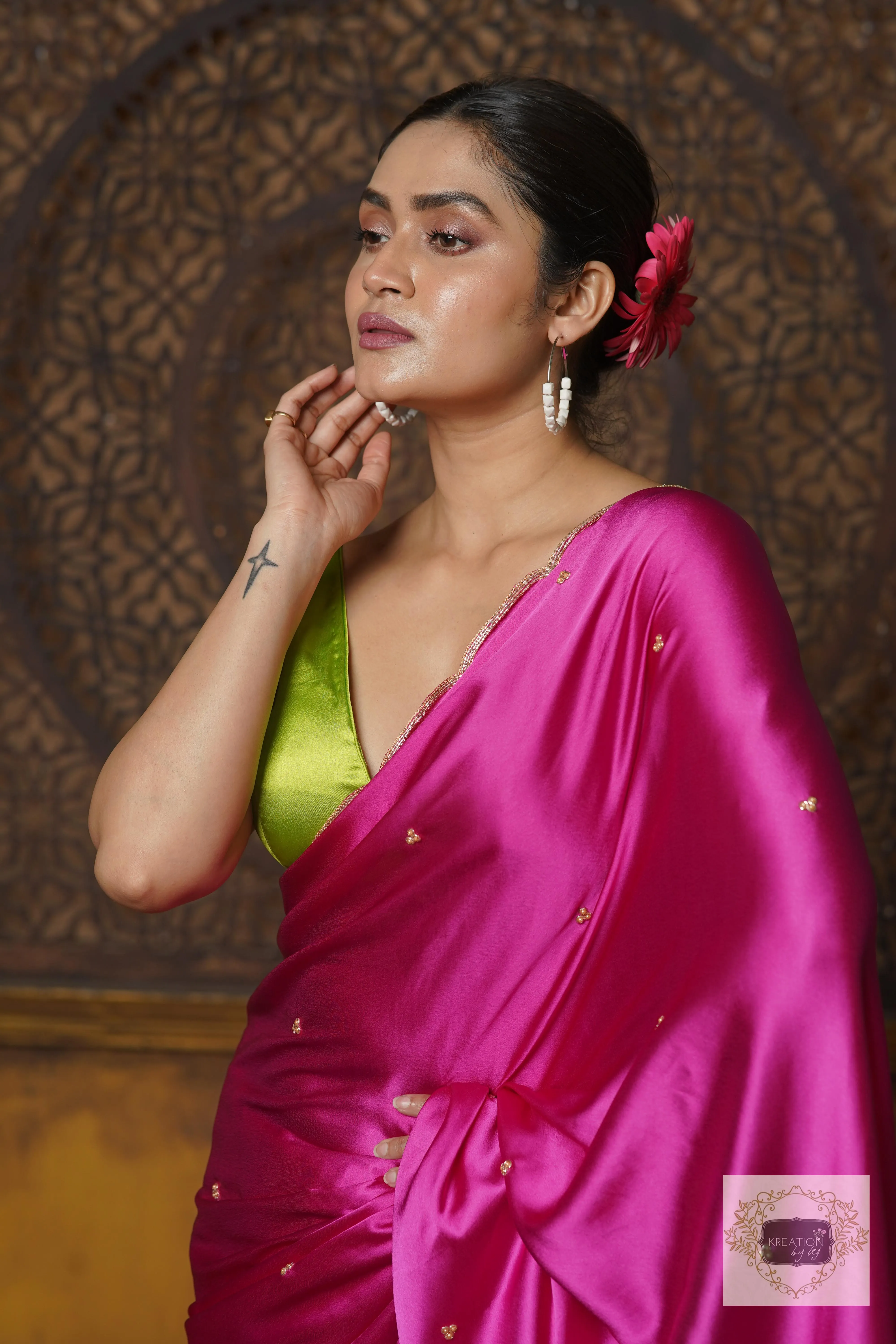 Hot Pink Satin Silk Saree With Handembroidered Scalloping