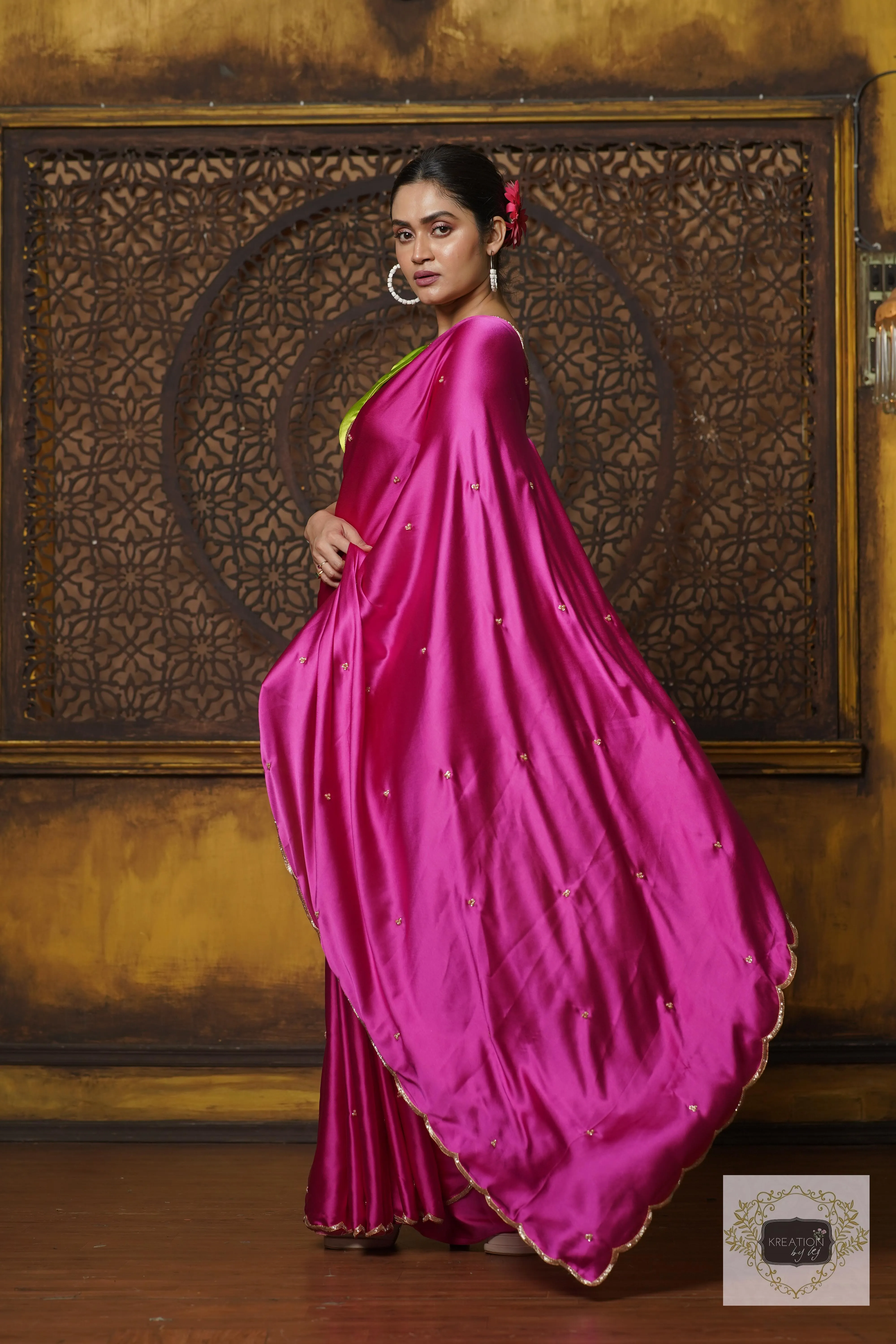 Hot Pink Satin Silk Saree With Handembroidered Scalloping