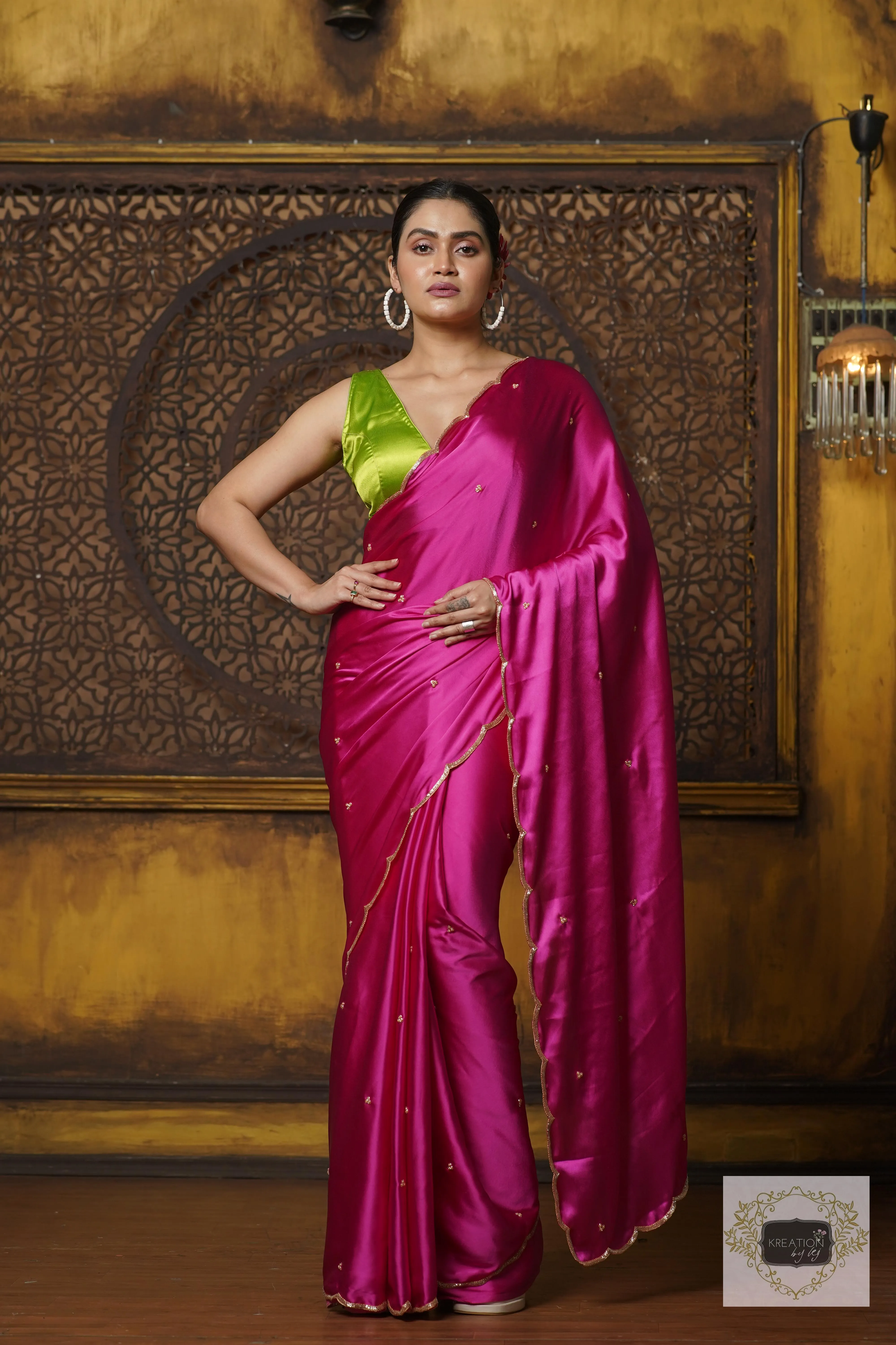 Hot Pink Satin Silk Saree With Handembroidered Scalloping