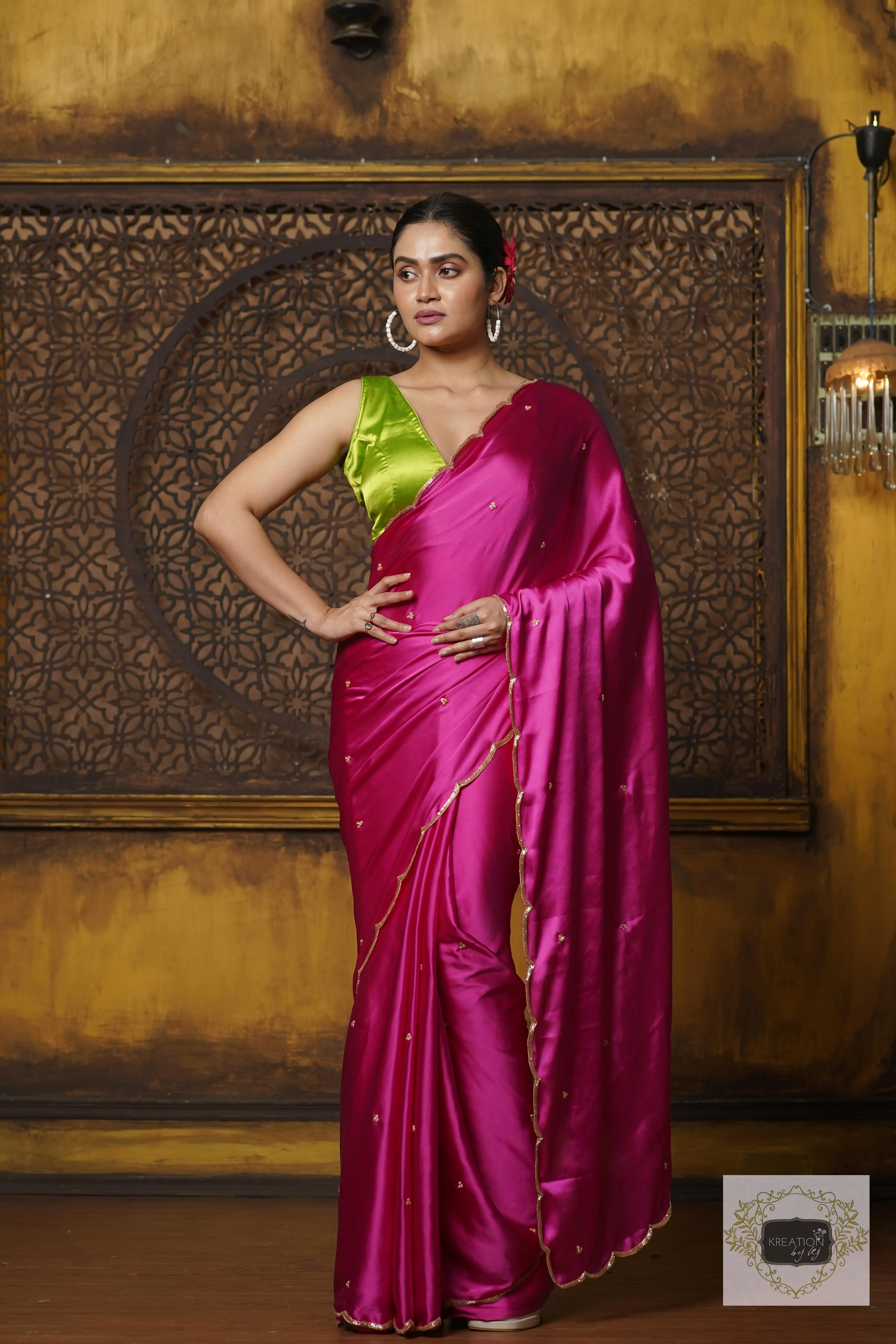 Hot Pink Satin Silk Saree With Handembroidered Scalloping