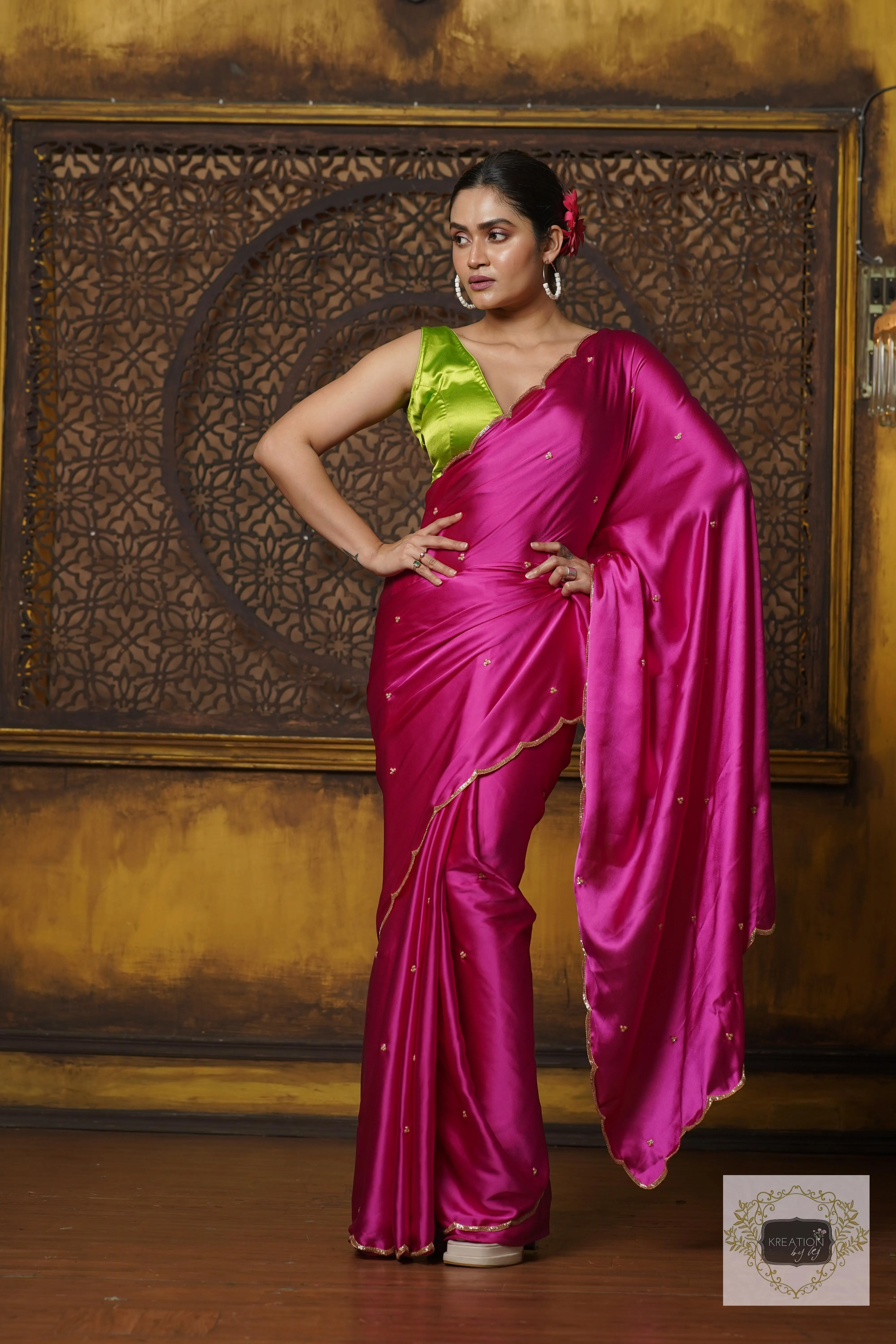 Hot Pink Satin Silk Saree With Handembroidered Scalloping