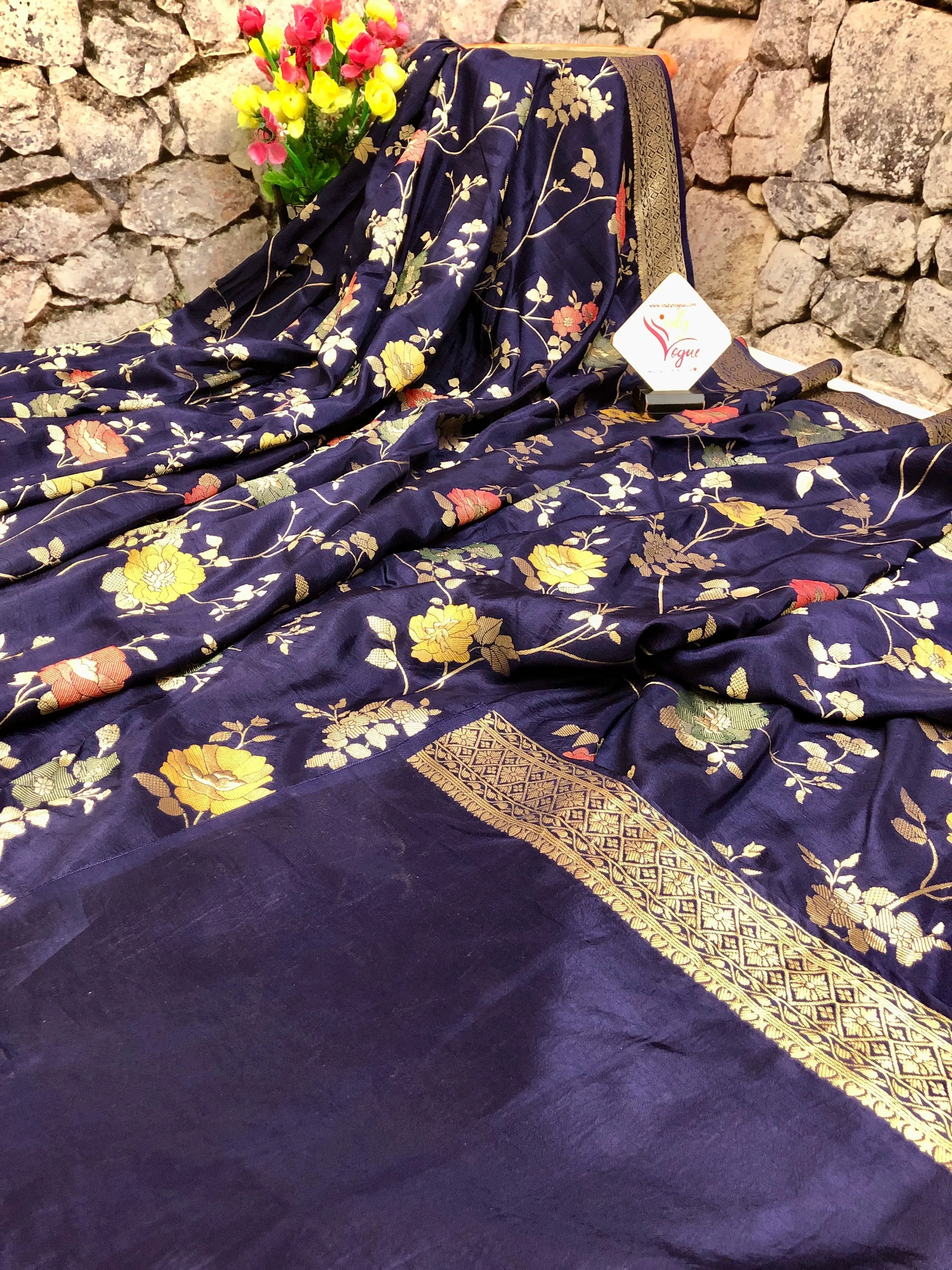 Indigo Blue Color Muga Banarasi Saree with Allover Meenakari Jaal Work