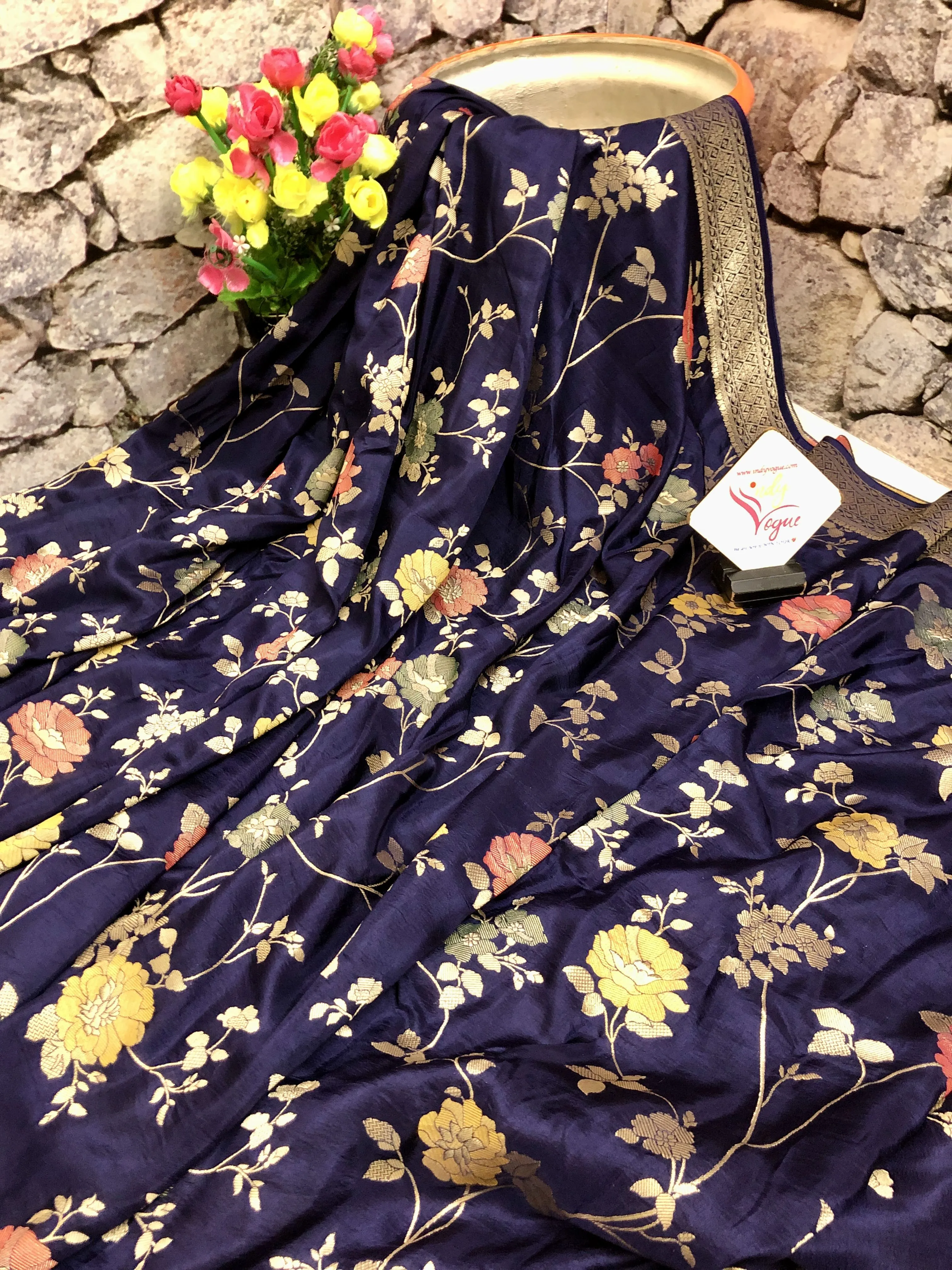 Indigo Blue Color Muga Banarasi Saree with Allover Meenakari Jaal Work