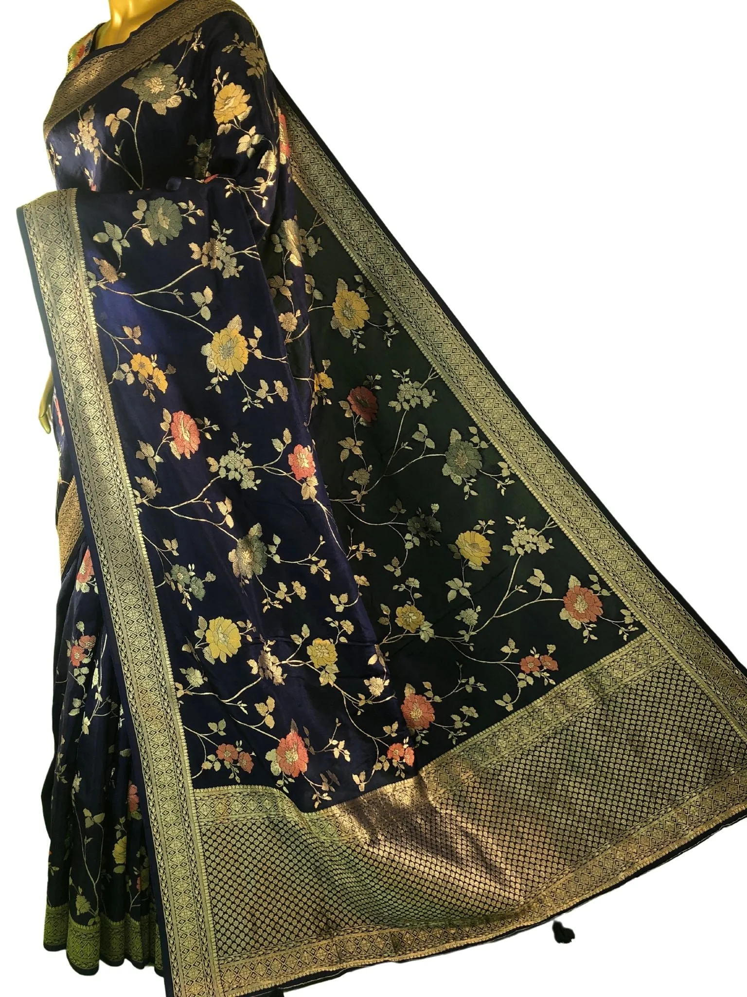 Indigo Blue Color Muga Banarasi Saree with Allover Meenakari Jaal Work