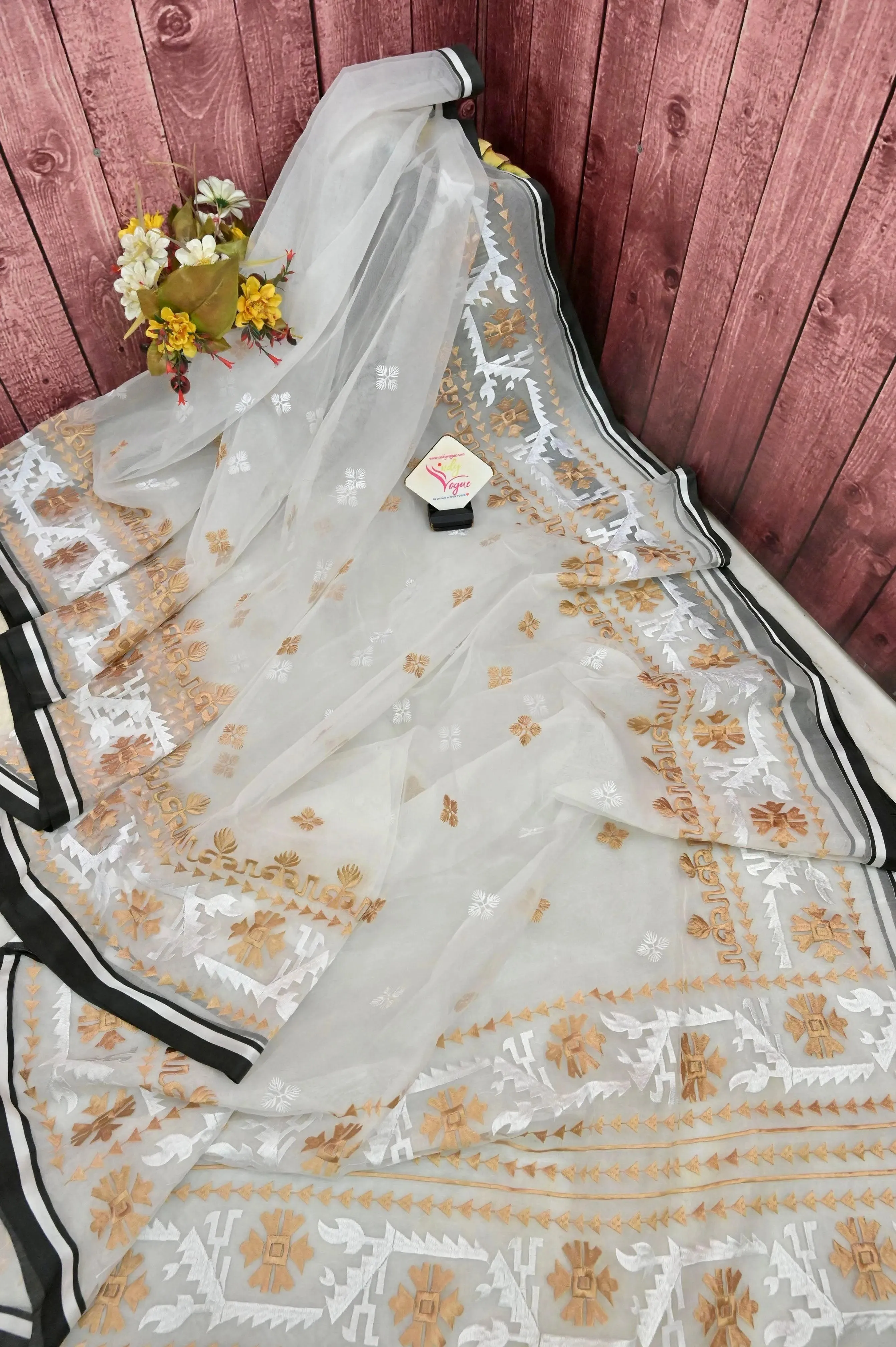 Ivory White Color Muslin Jamdani Saree with Embroidery Work