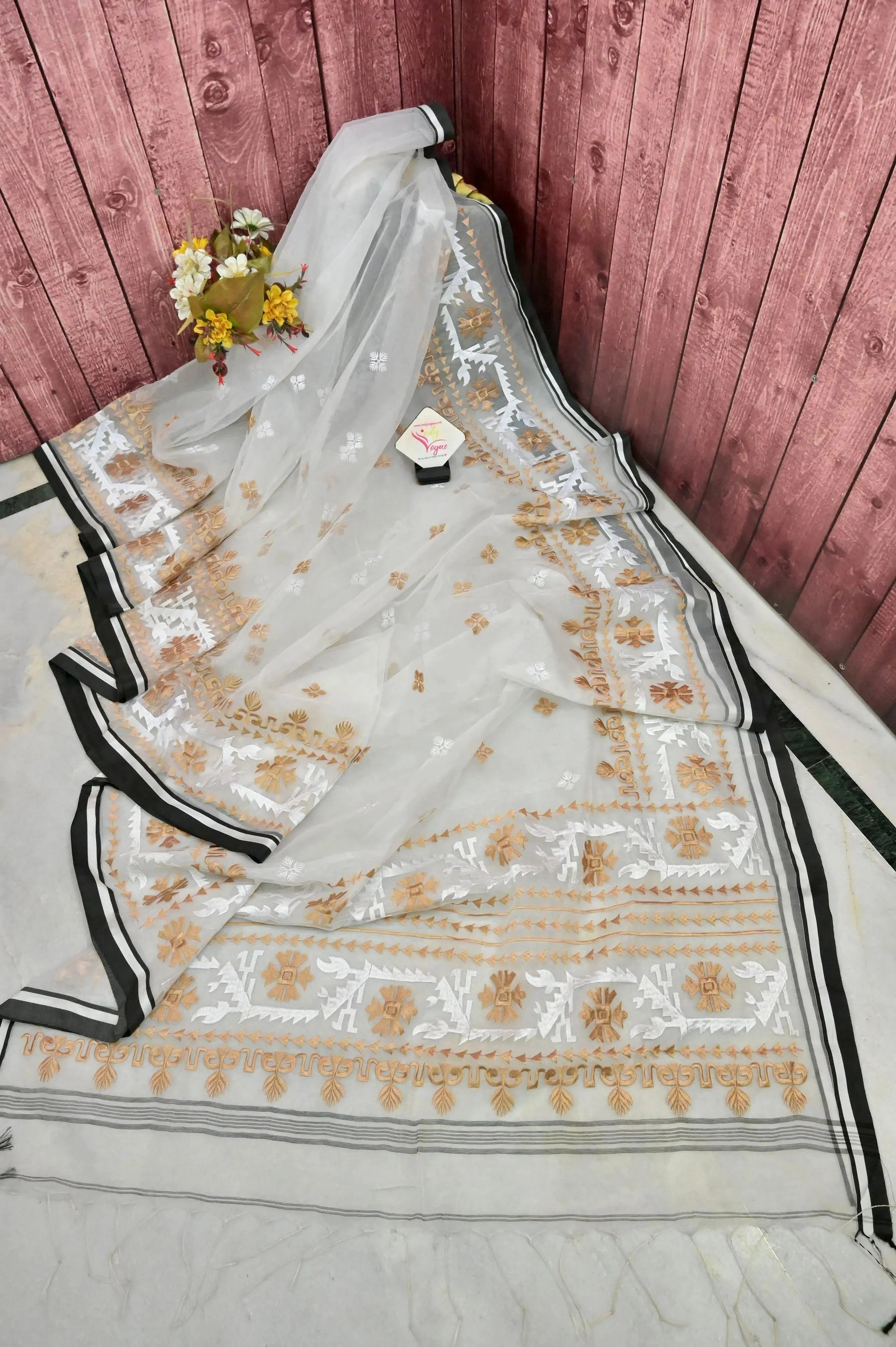 Ivory White Color Muslin Jamdani Saree with Embroidery Work