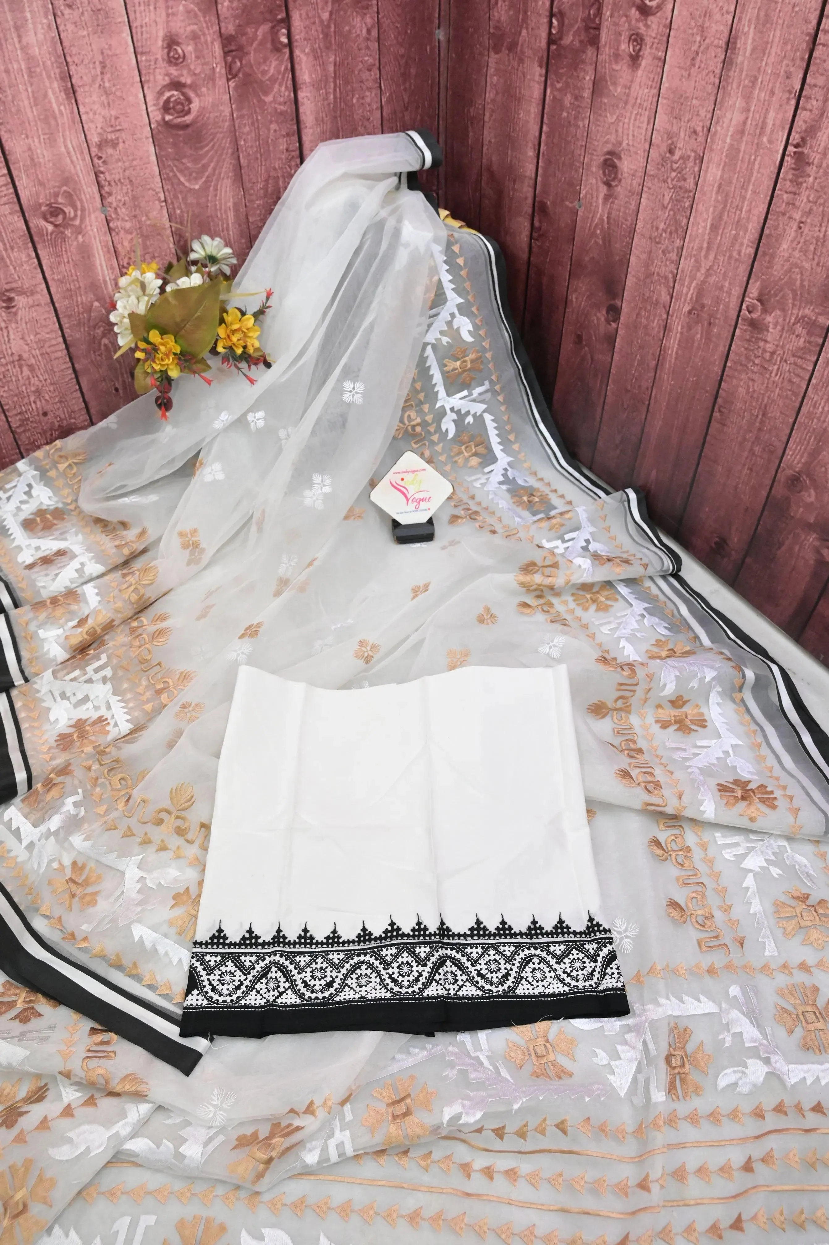 Ivory White Color Muslin Jamdani Saree with Embroidery Work