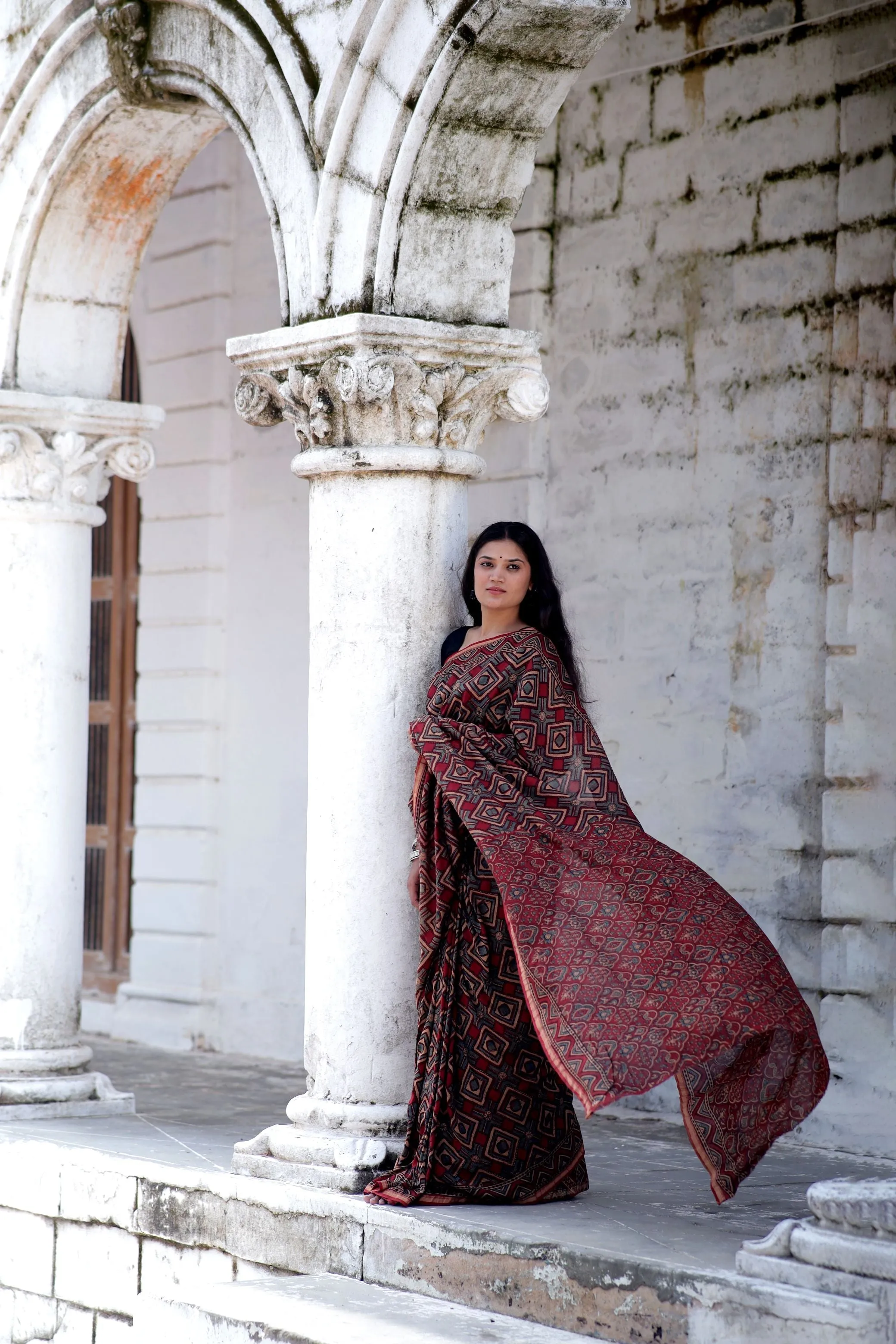 Jharokha - Red and black triangle red striped silk cotton Ajrakh handblockprinted saree