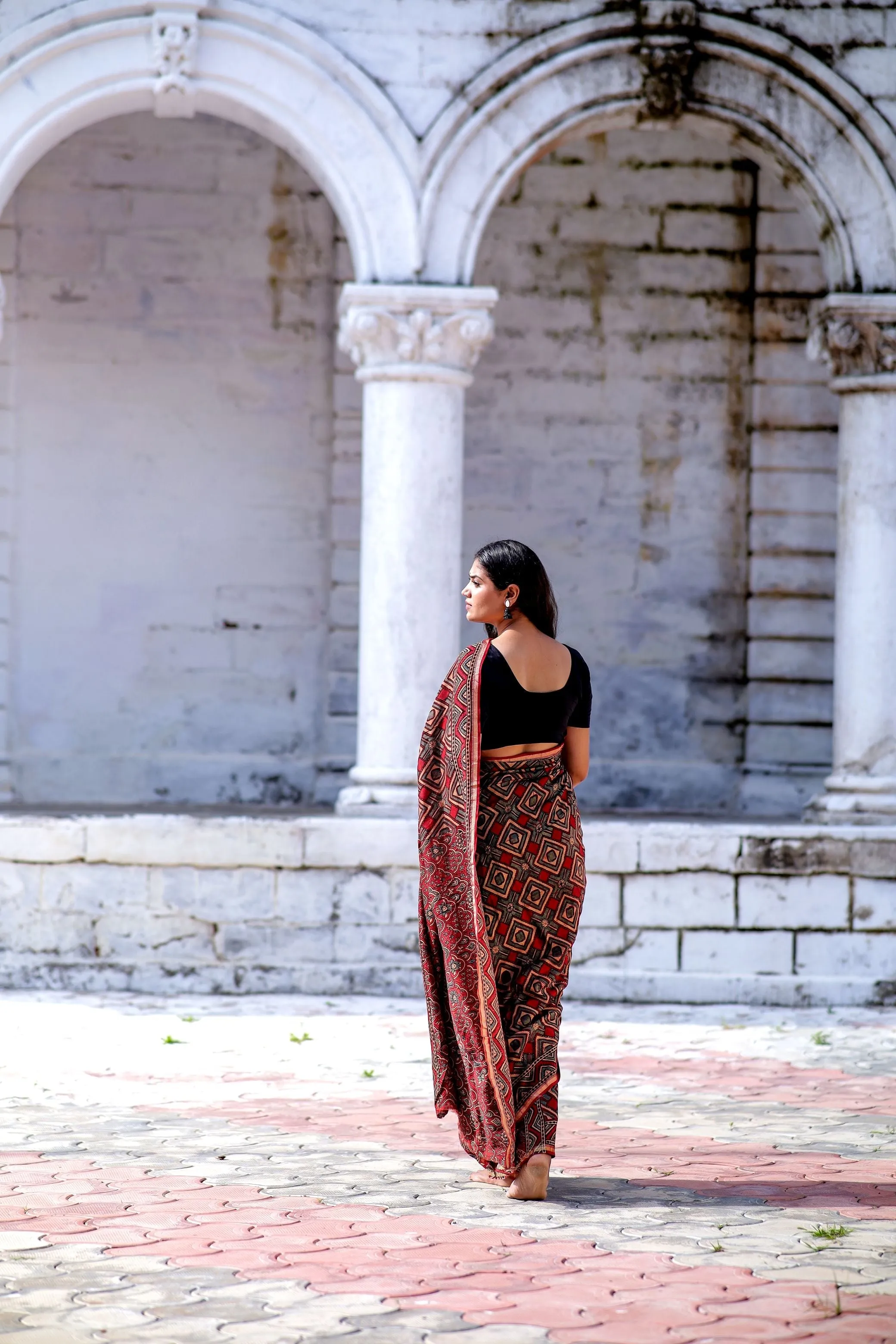 Jharokha - Red and black triangle red striped silk cotton Ajrakh handblockprinted saree