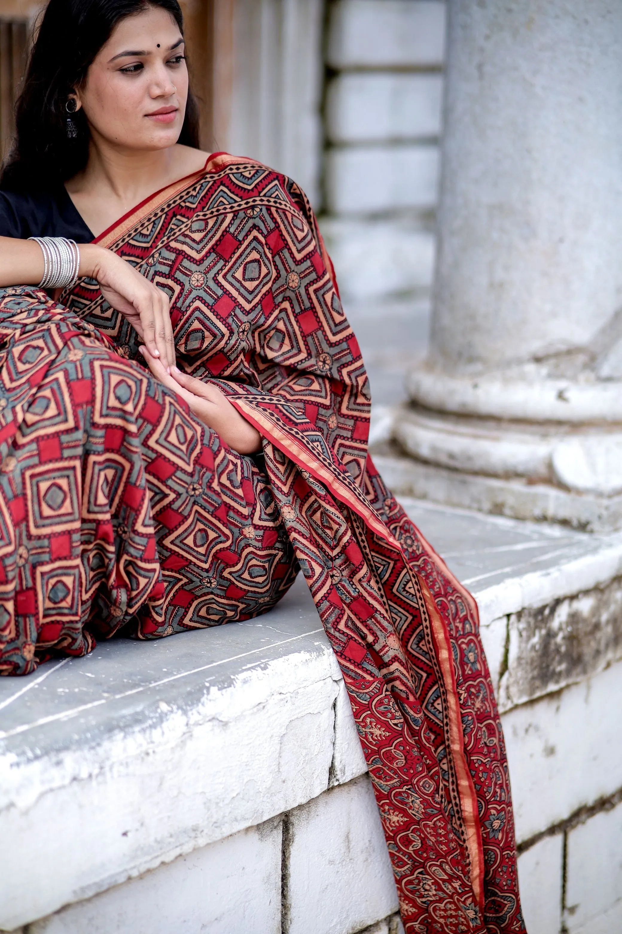 Jharokha - Red and black triangle red striped silk cotton Ajrakh handblockprinted saree