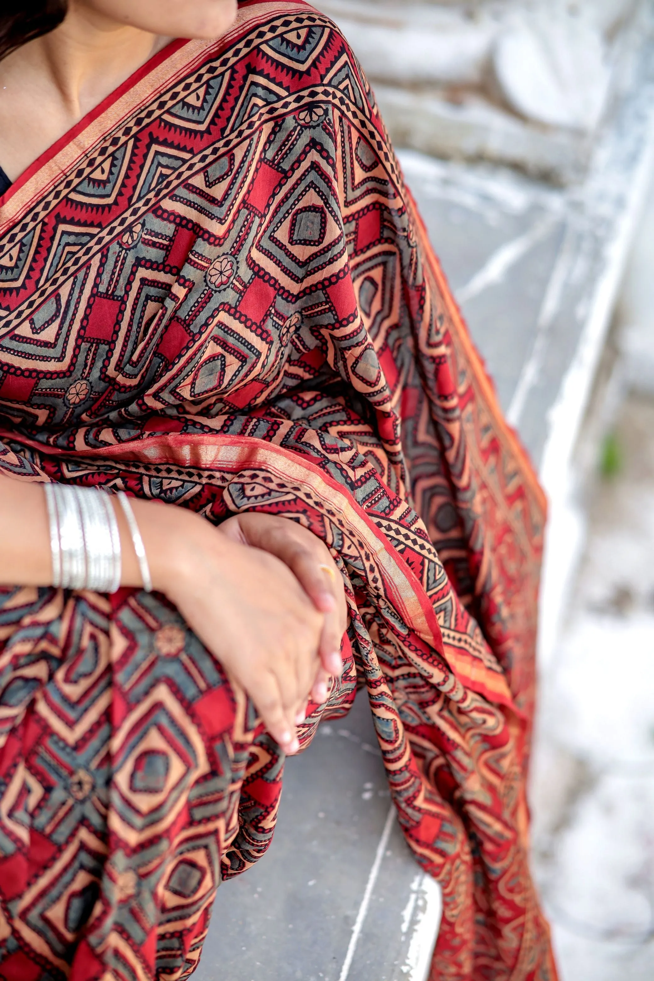 Jharokha - Red and black triangle red striped silk cotton Ajrakh handblockprinted saree