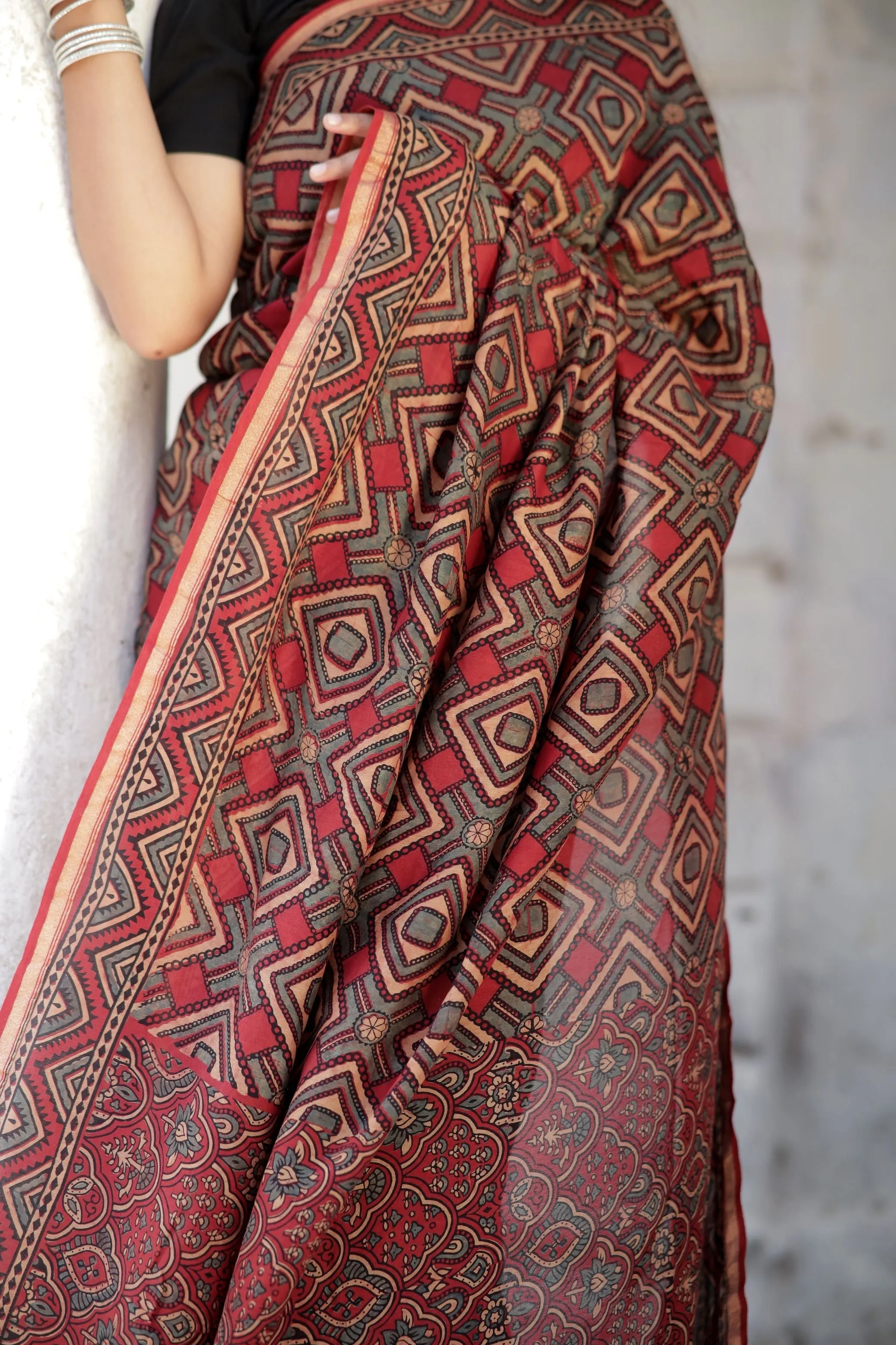 Jharokha - Red and black triangle red striped silk cotton Ajrakh handblockprinted saree