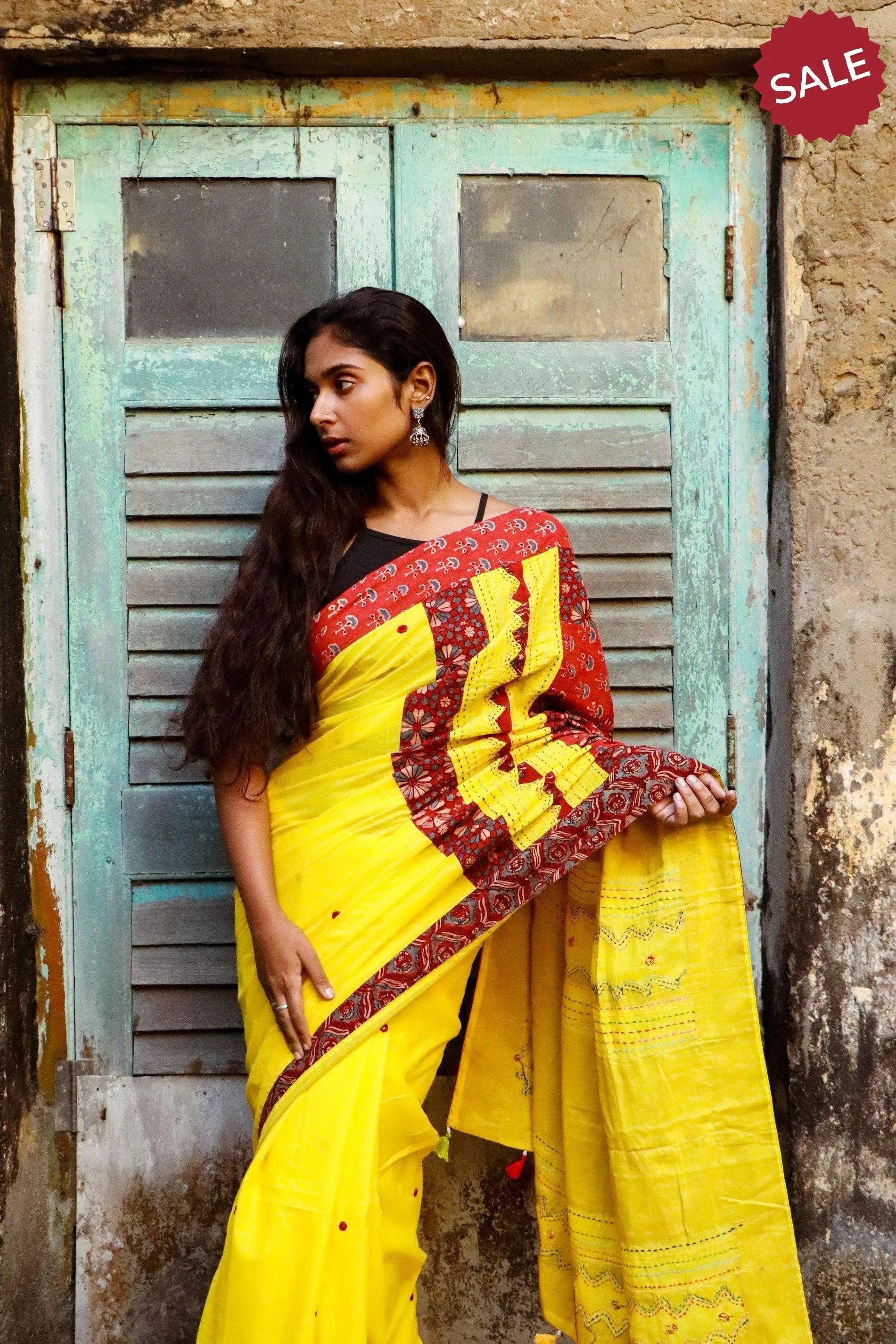 Jharokha -  Yellow and Red Ajrakh handblockprinted patchwork Gudri saree