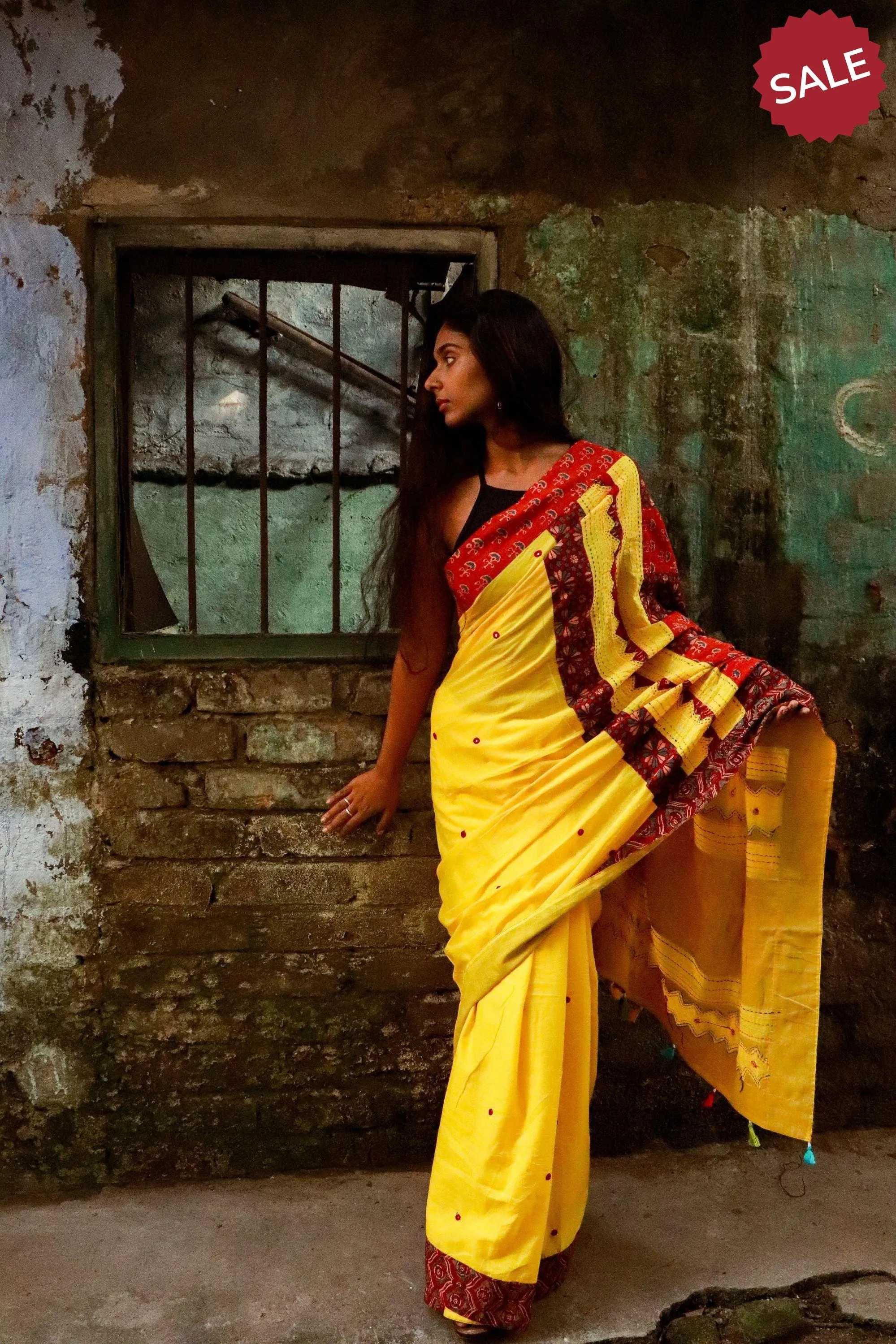 Jharokha -  Yellow and Red Ajrakh handblockprinted patchwork Gudri saree