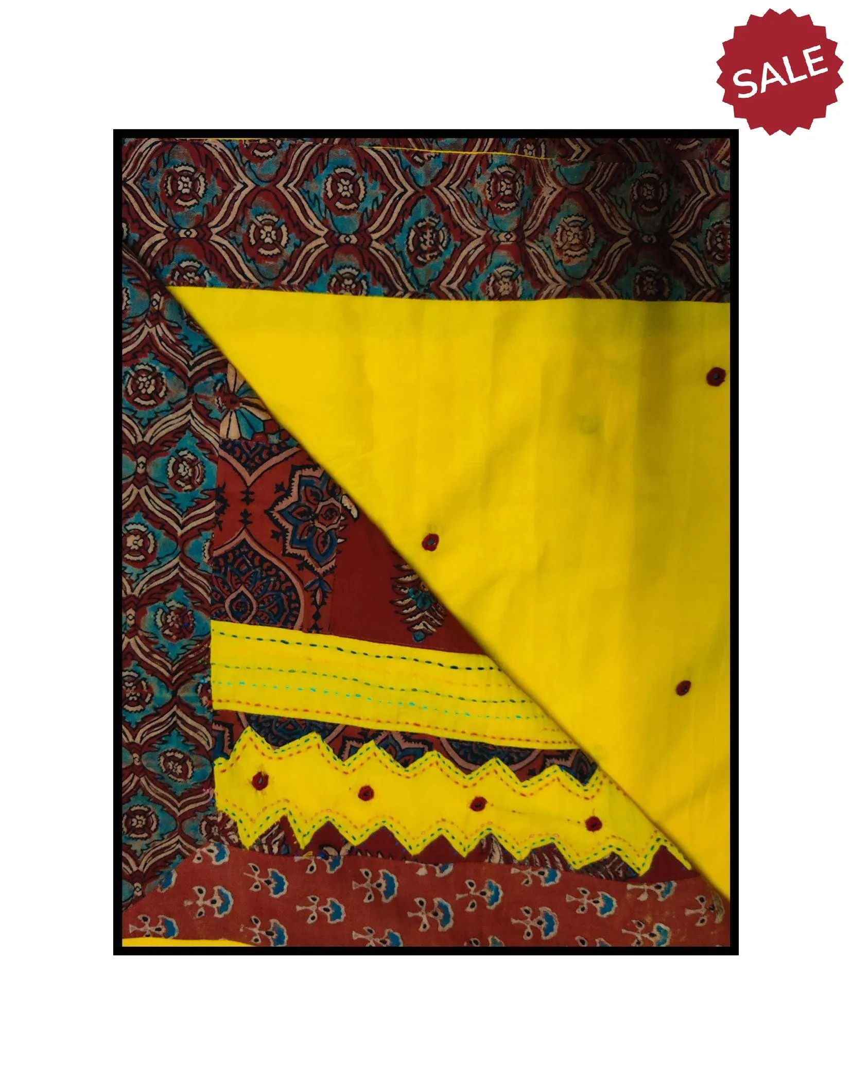 Jharokha -  Yellow and Red Ajrakh handblockprinted patchwork Gudri saree