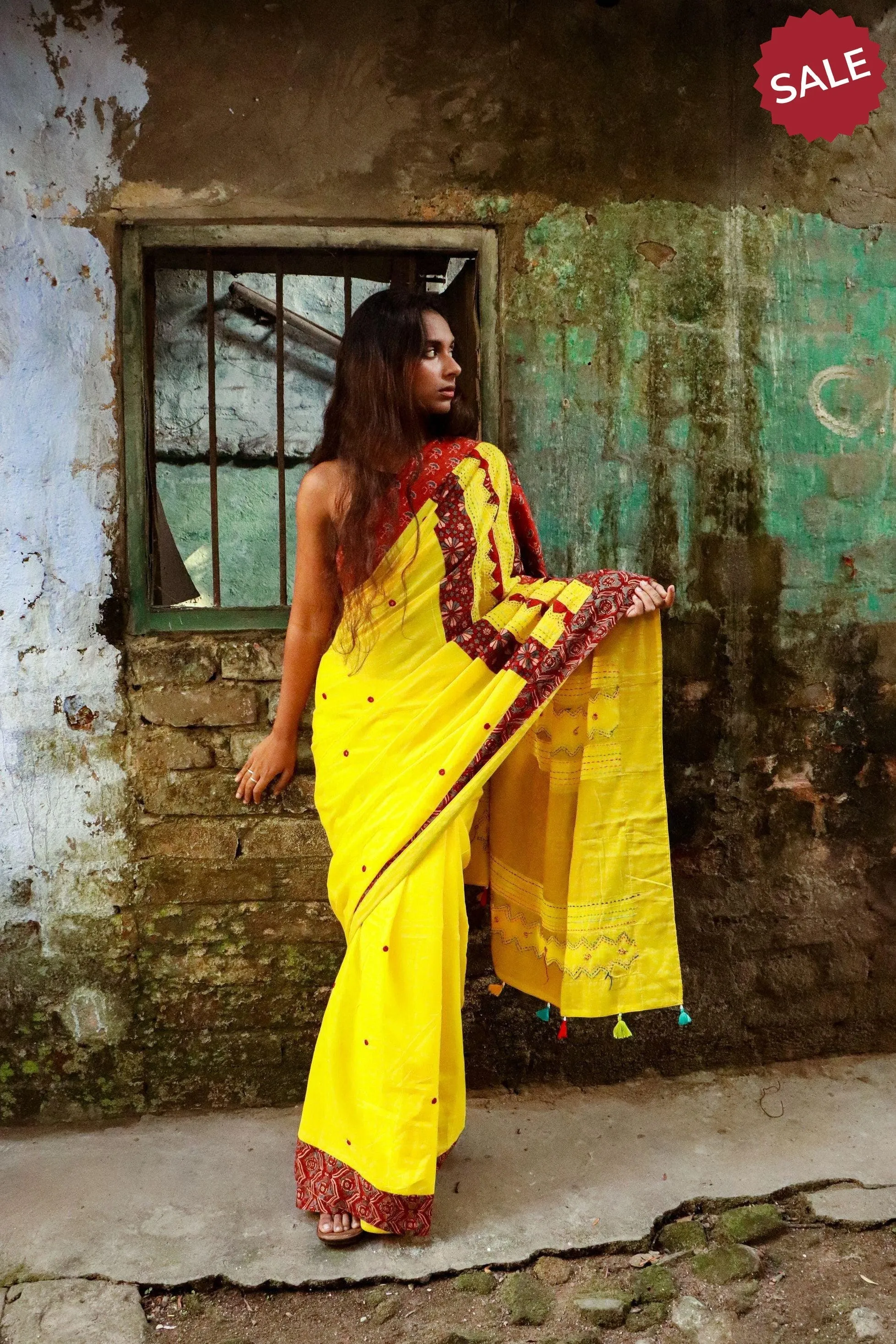 Jharokha -  Yellow and Red Ajrakh handblockprinted patchwork Gudri saree