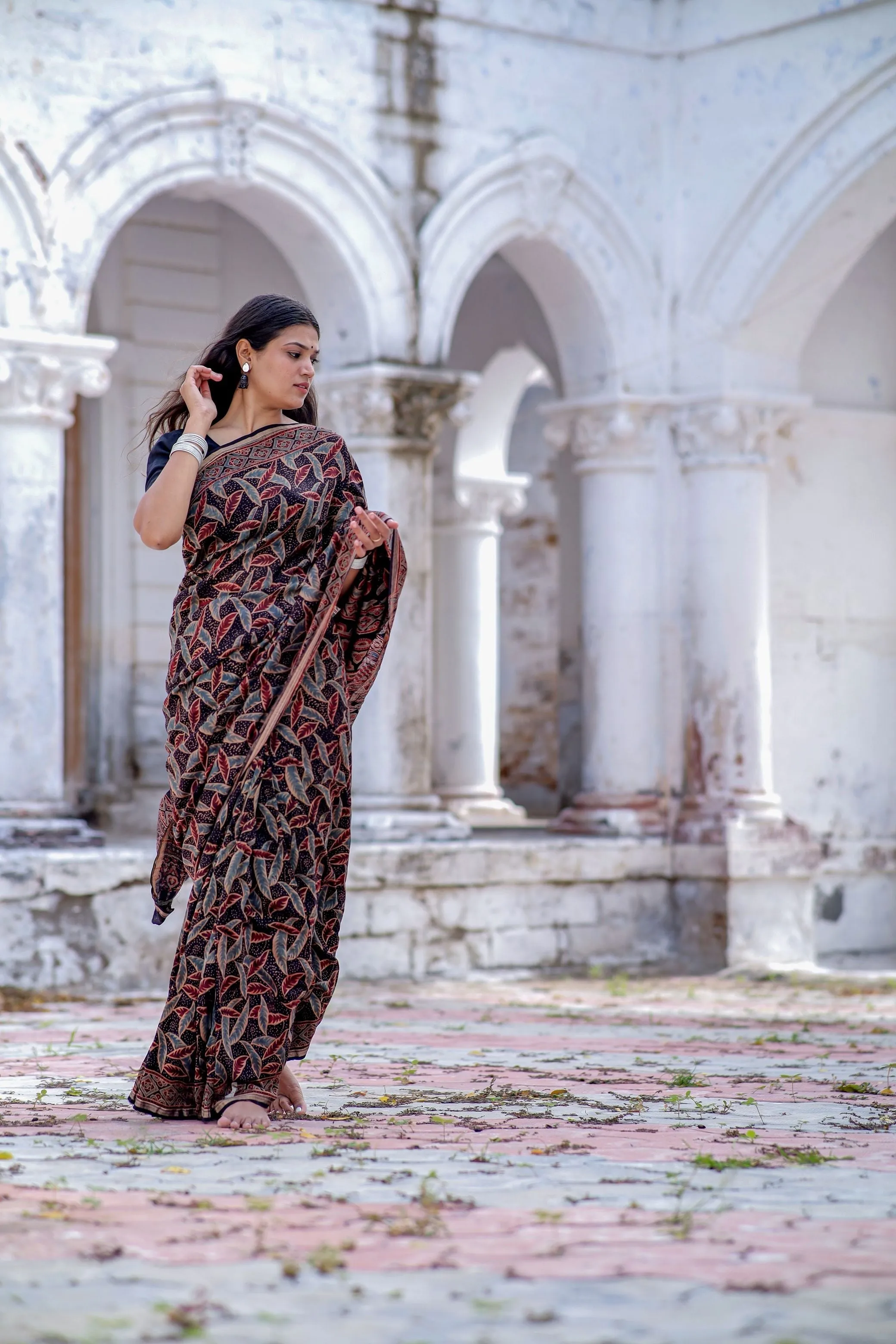 Jharokha -Black leaf silk cotton Ajrakh handblockprinted saree