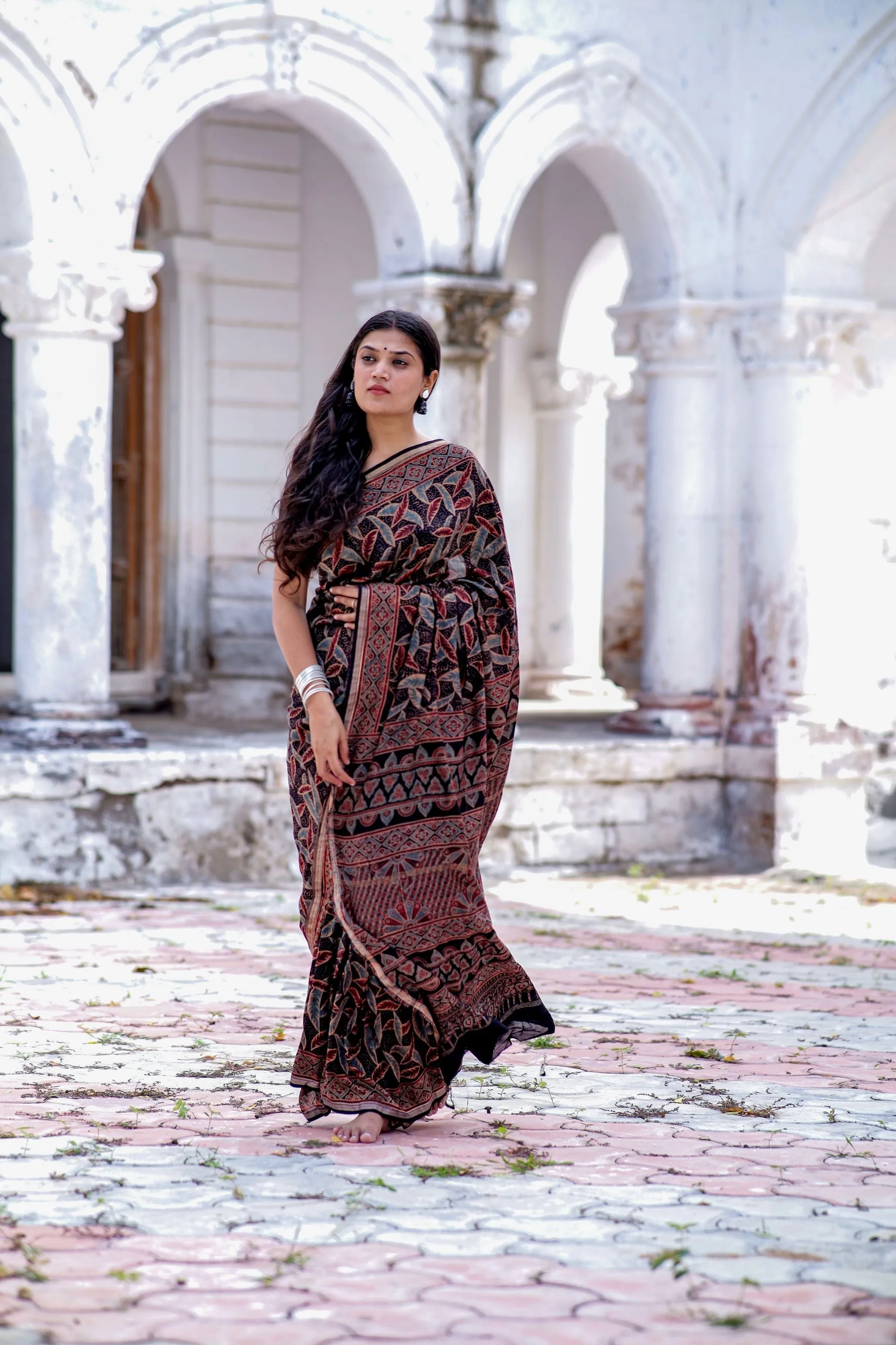 Jharokha -Black leaf silk cotton Ajrakh handblockprinted saree