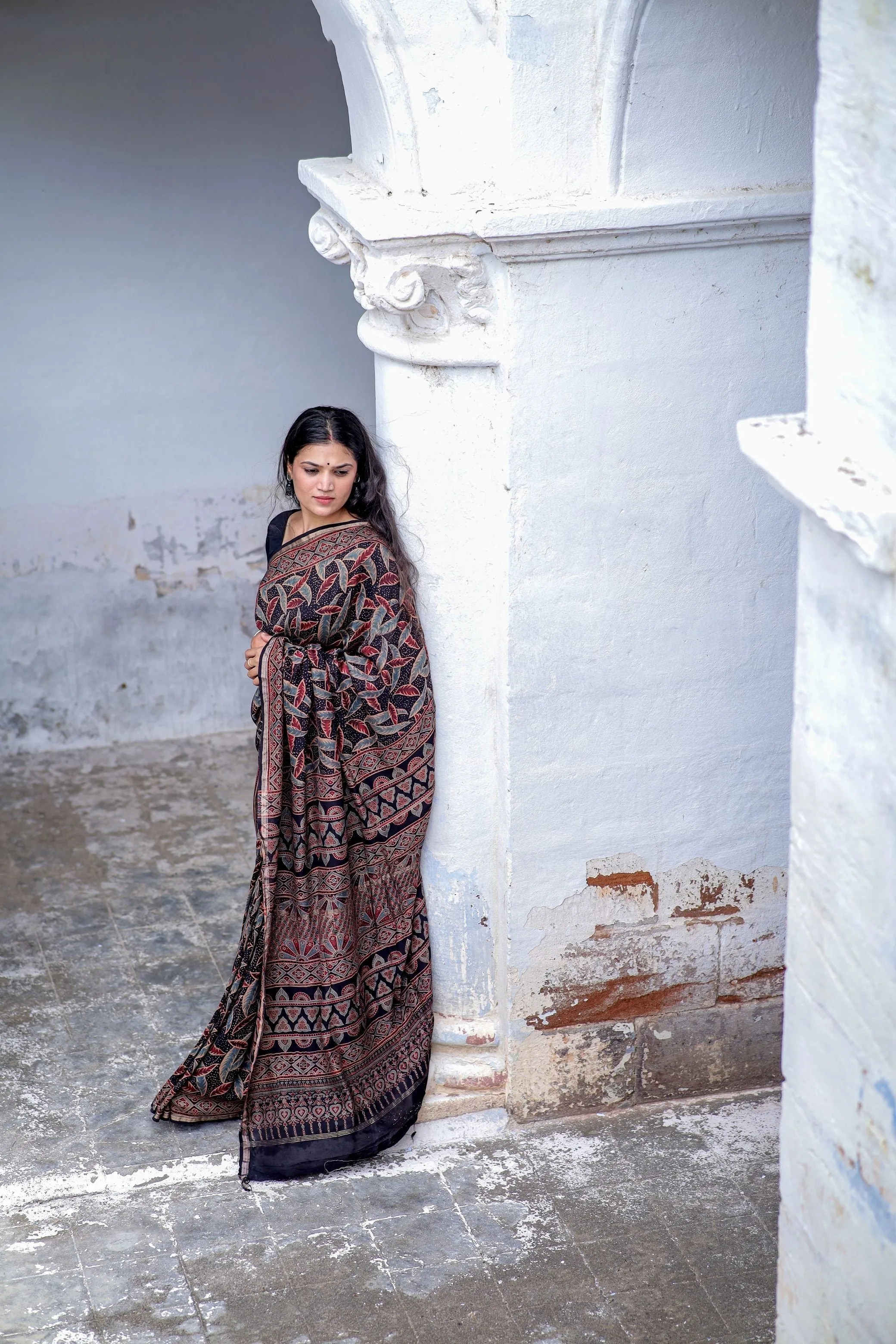 Jharokha -Black leaf silk cotton Ajrakh handblockprinted saree