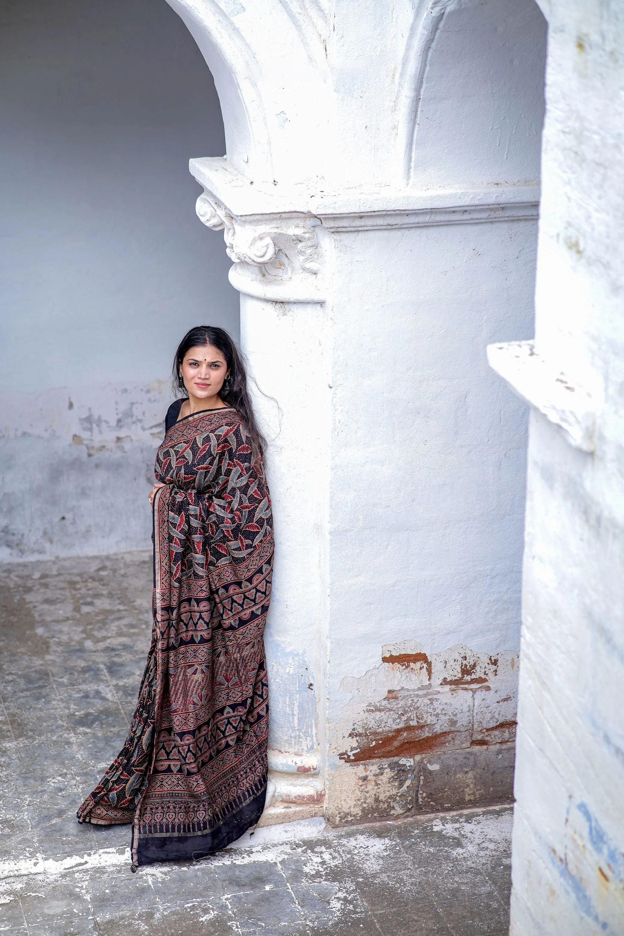 Jharokha -Black leaf silk cotton Ajrakh handblockprinted saree