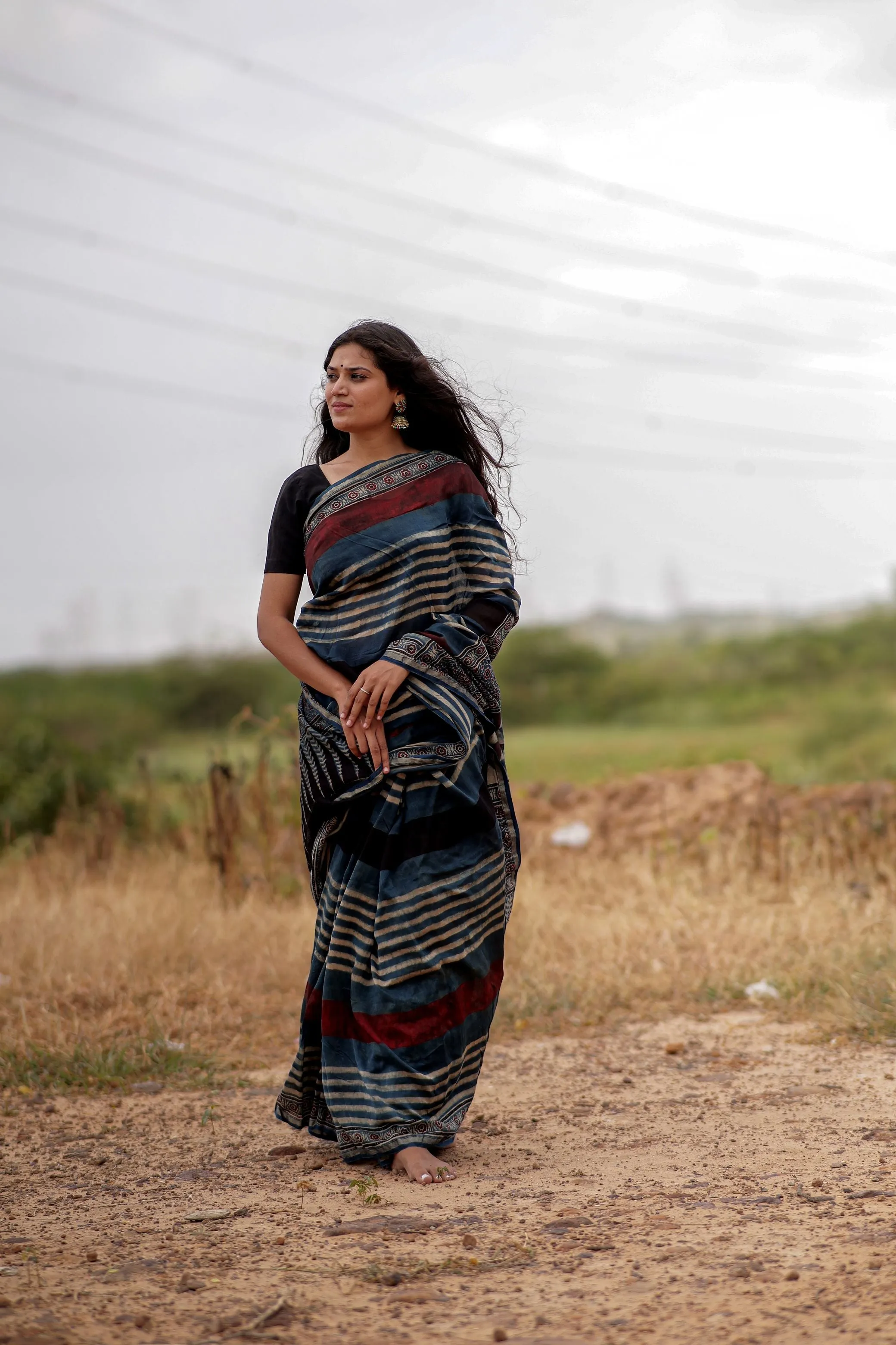 Jharokha -Indigo & black red striped silk cotton Ajrakh handblockprinted saree