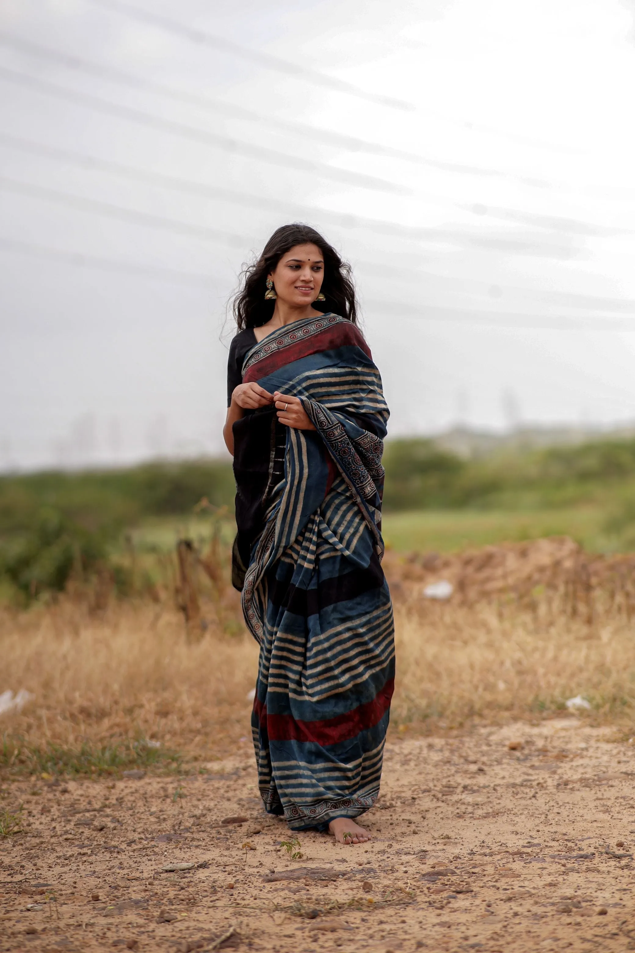 Jharokha -Indigo & black red striped silk cotton Ajrakh handblockprinted saree