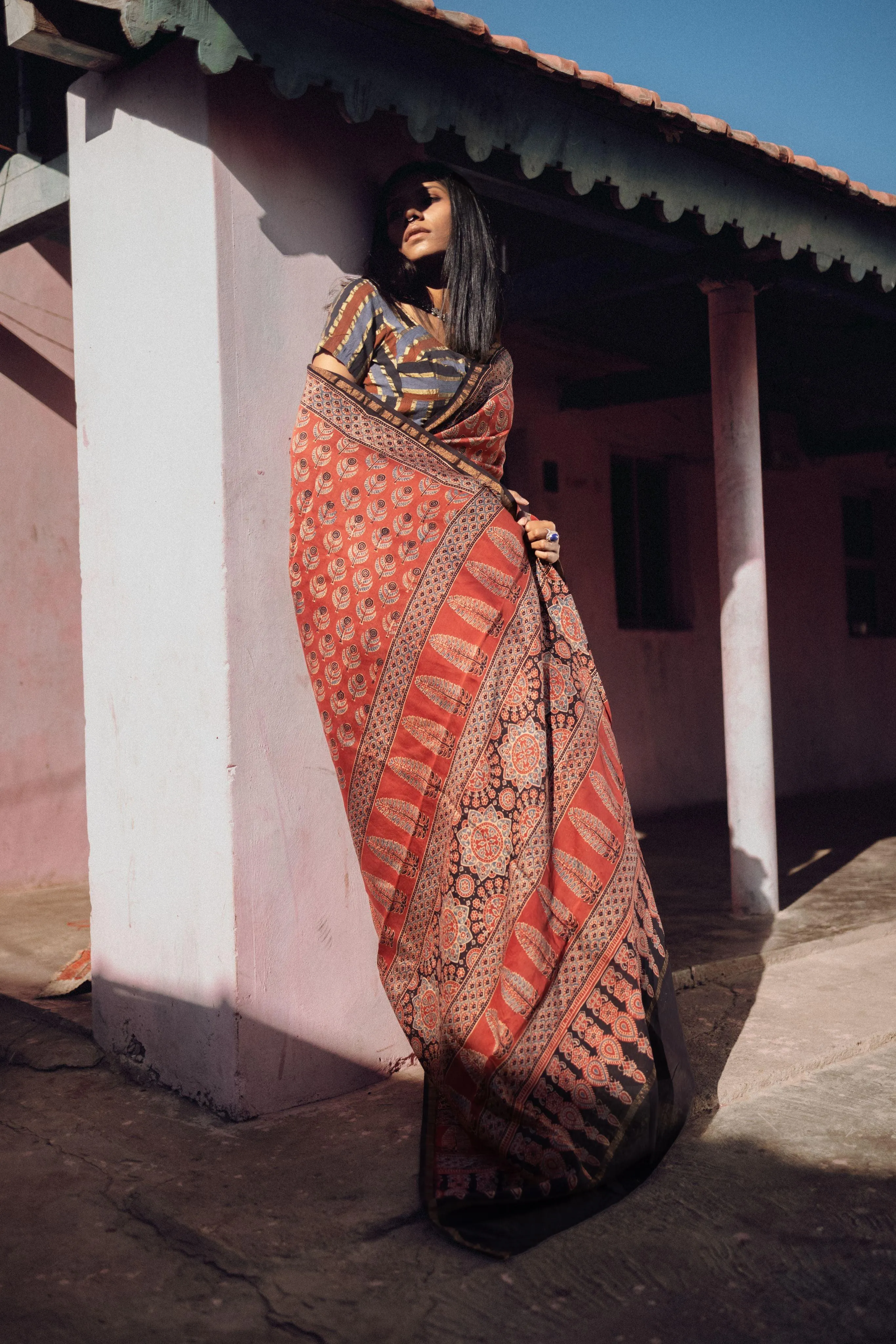 Jharokha -Red silk cotton Ajrakh handblockprinted saree