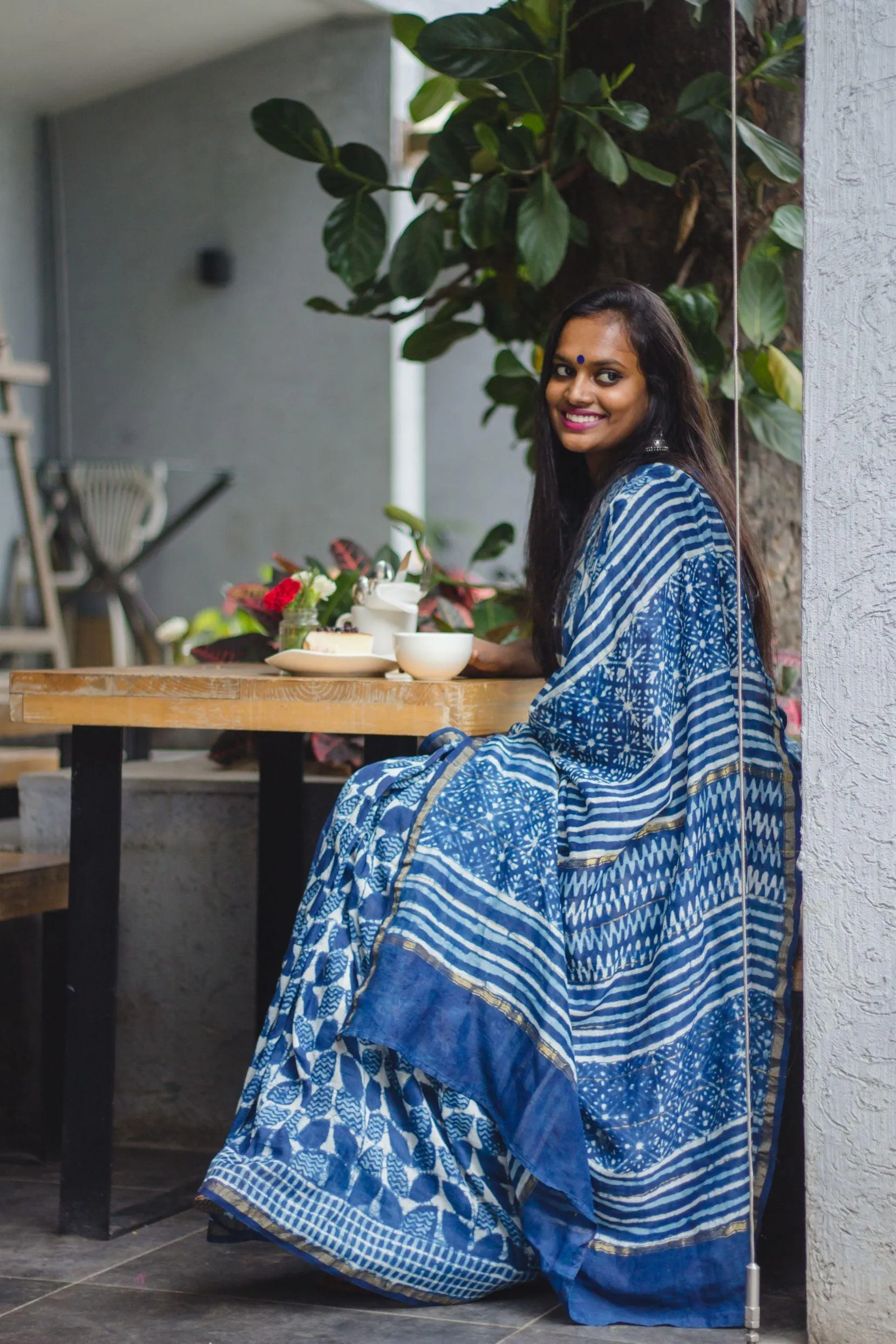 Kaisori Malhar Indigo Dabu leaf saree