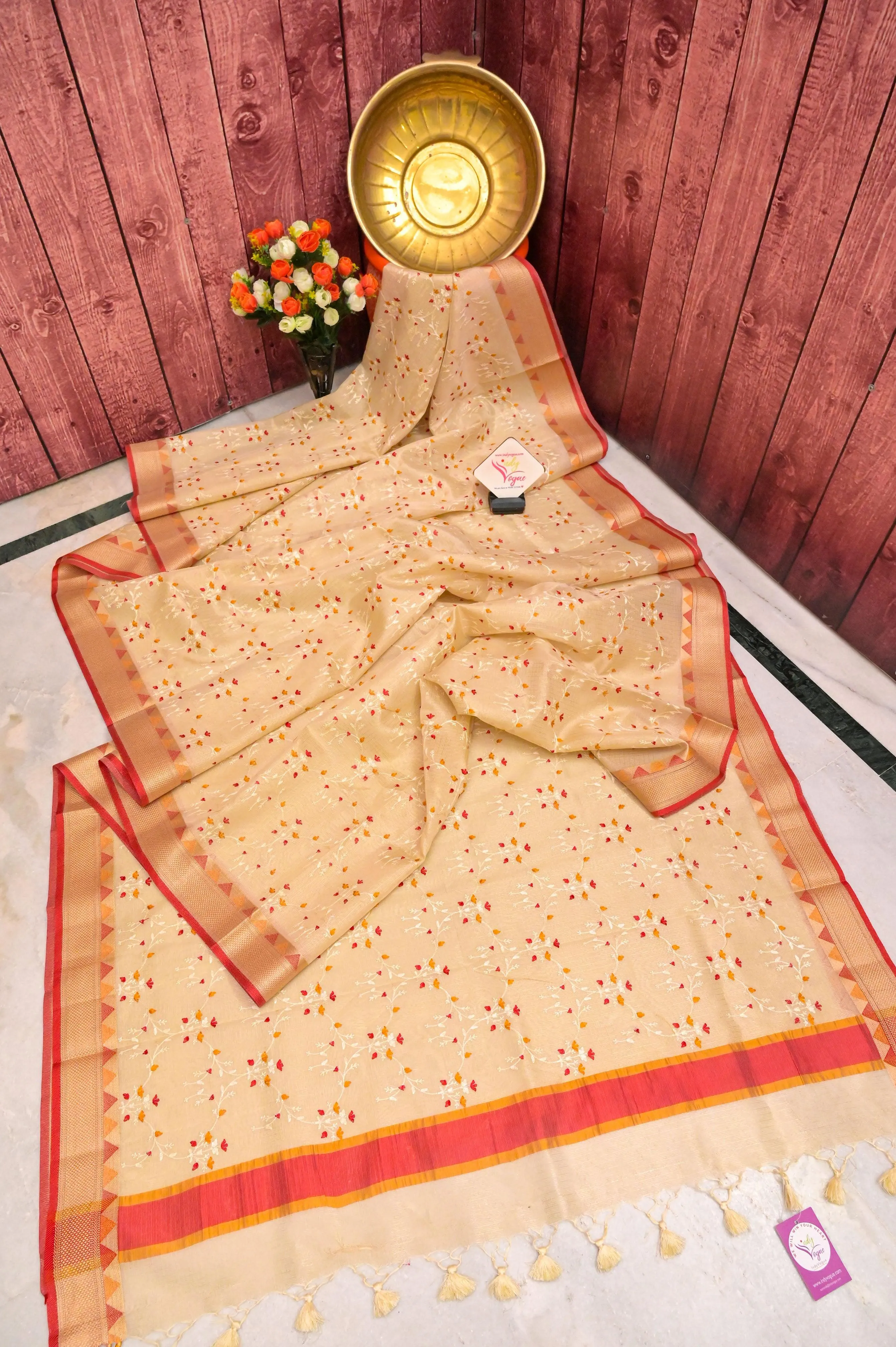 Light Golden Color Tissue Kota Saree with Embroidery